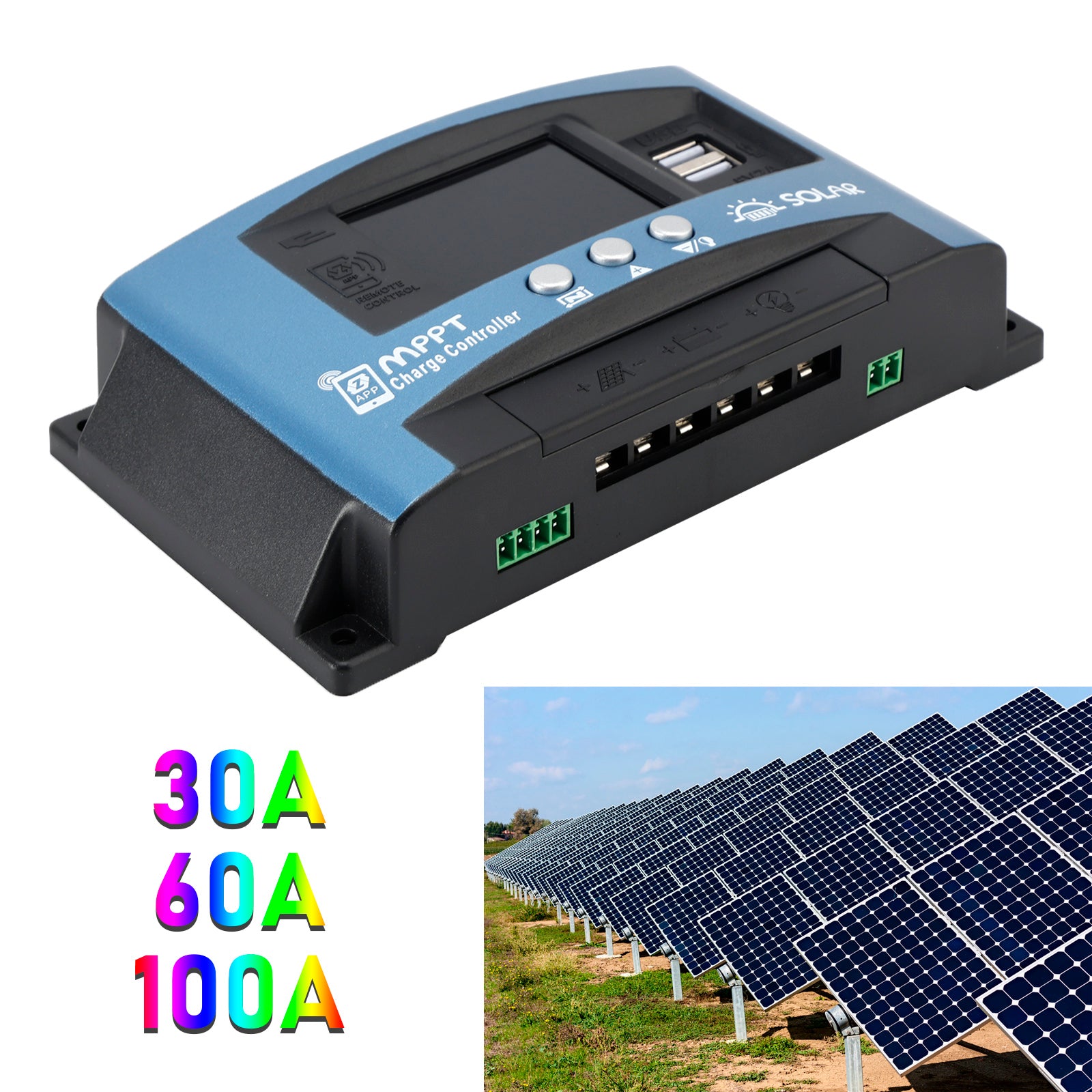 30A/60A/100A MPPT Solar Controller Bluetooth Temperaturovervåking Lading