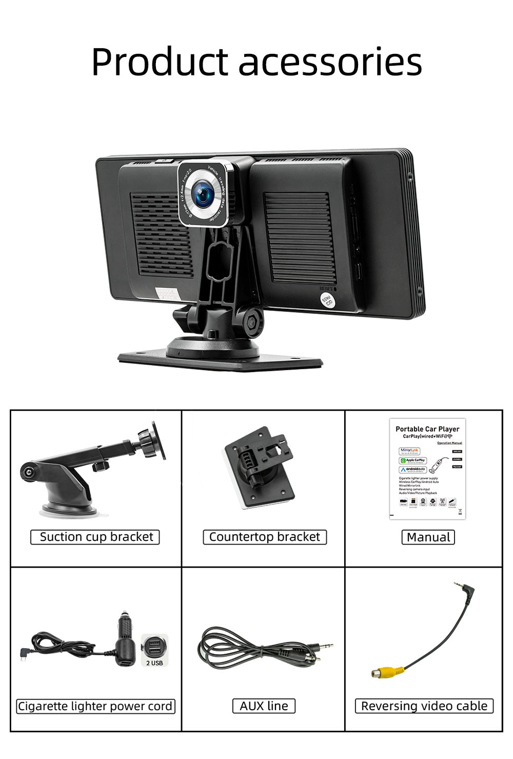 10.26" Draadloze CarPlay Bluetooth Radio FM Auto MP5 Speler AHD Recorder Camera