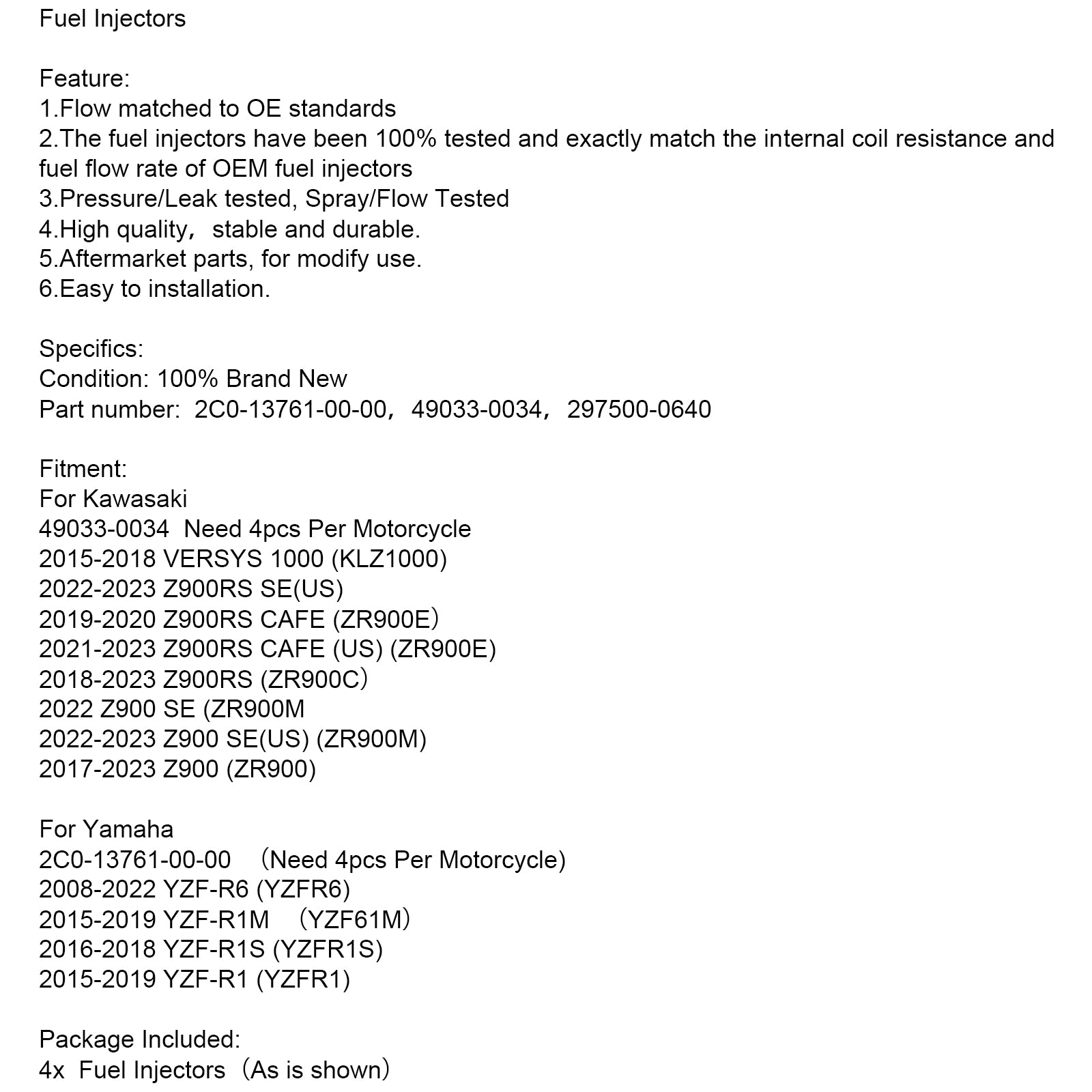 4pcs 49033-0034 297500-0640 Injecteurs de carburant 2C0-13761-00-00 pour Yamaha Yzf R1 R6