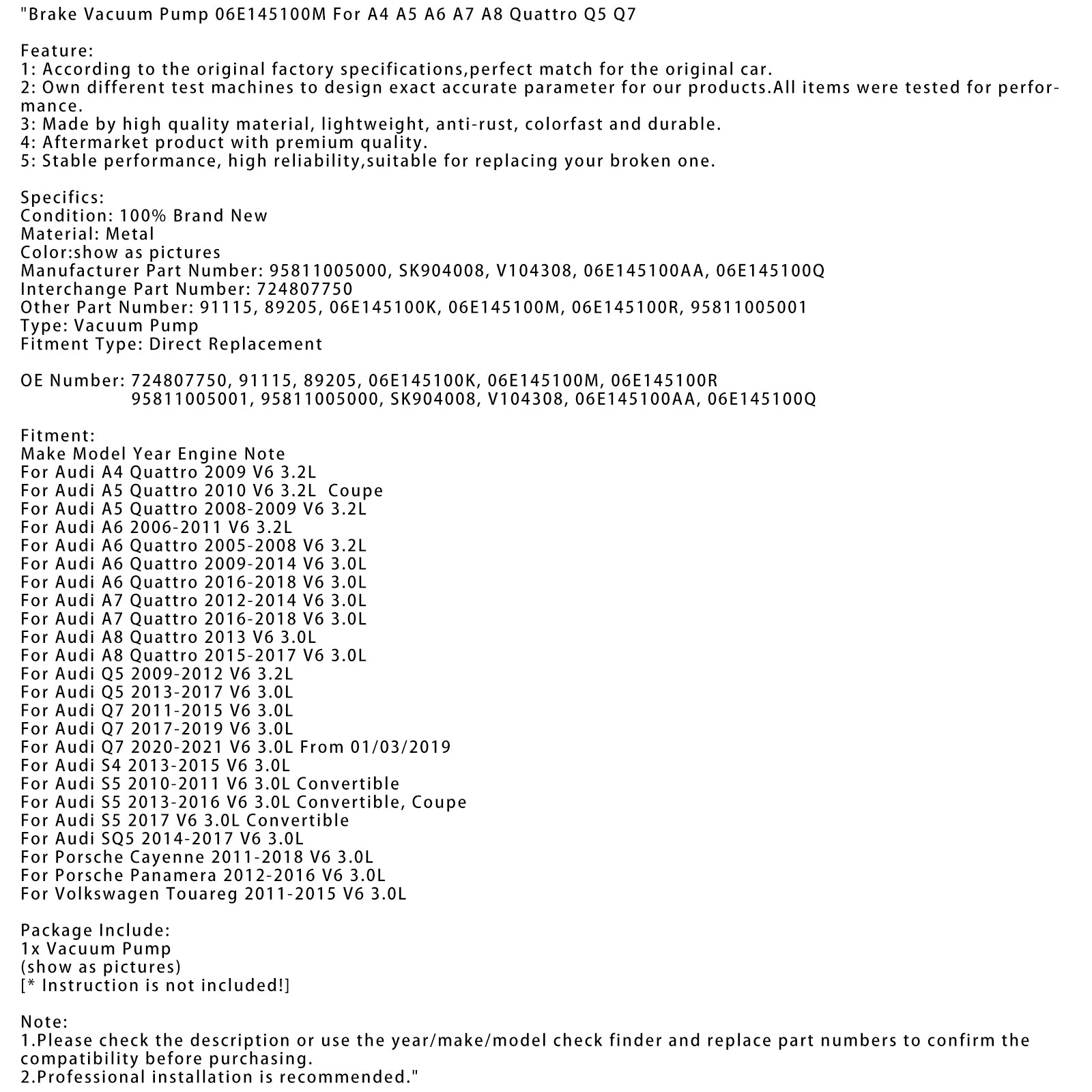 2008-2009 Audi A5 Quattro V6 3.2L Brake Vacuum Pump 06E145100M