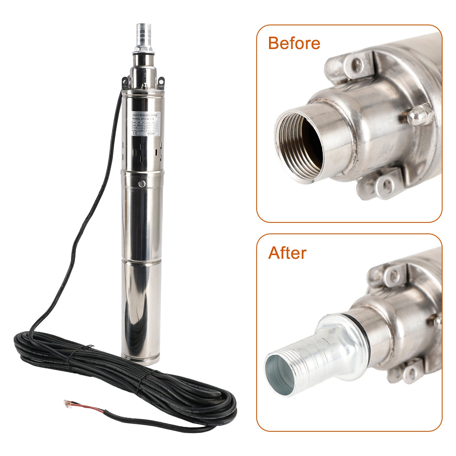 3" 48V 750W dypbrønn solcelledrevet nedsenkbar borehullsvannpumpe innebygd MPPT