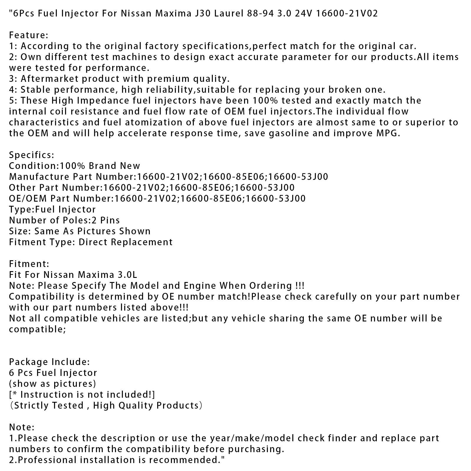 6Pcs Fuel Injector For Nissan Maxima J30 Laurel 88-94 3.0 24V 16600-21V02