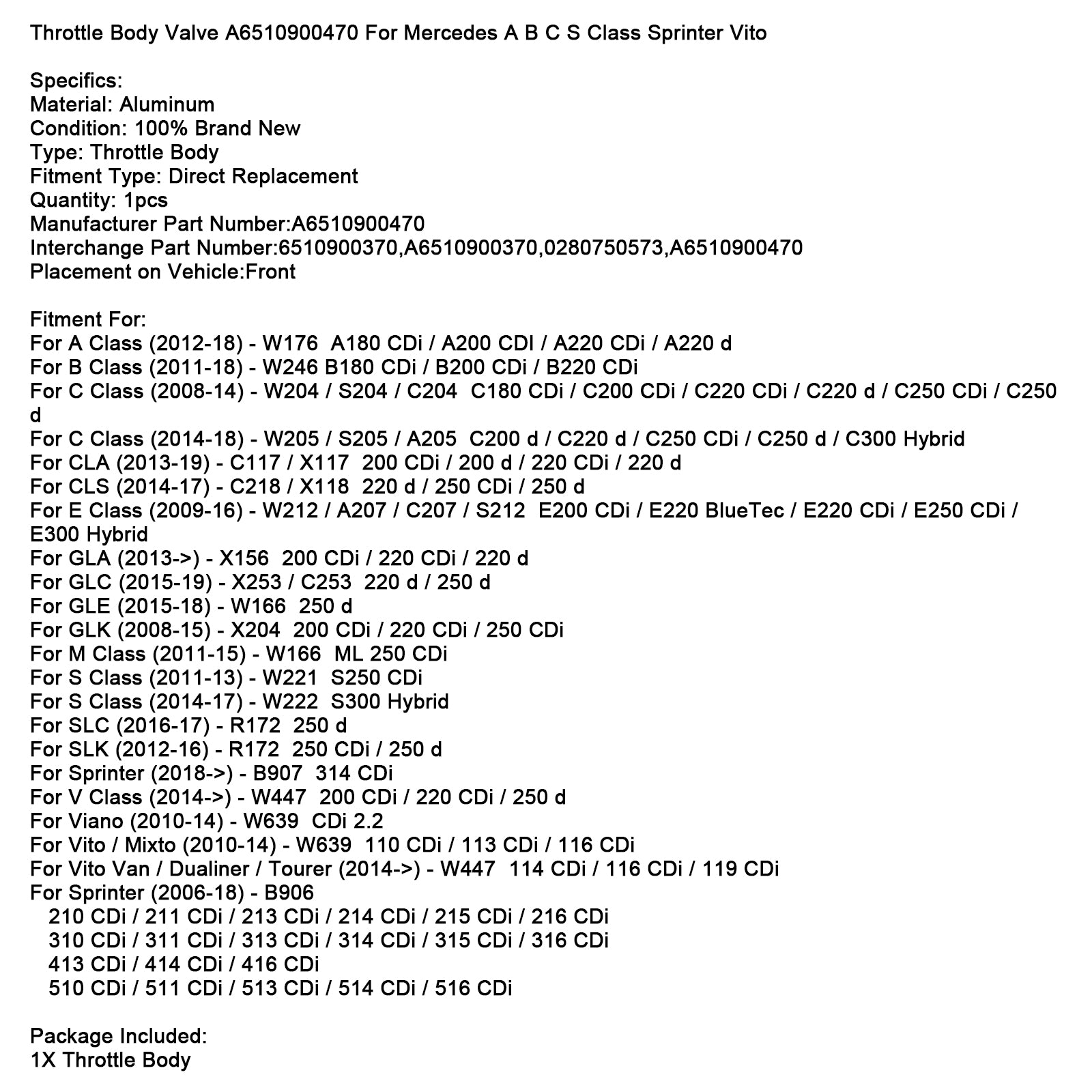 Mercedes Benz C-Klasse 2008-2014 W204/S204/C204 C180 CDi/C200 CDi/C220 CDi/C220 d/C250 CDi/C250 d Gasklephuis A6510900470