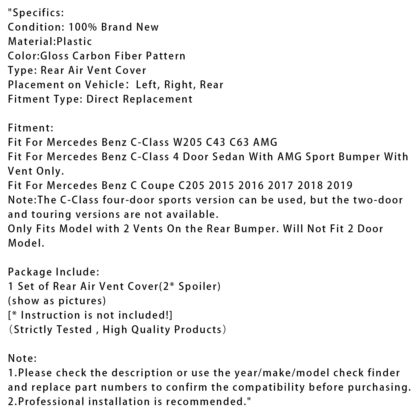 Cache de ventilation arrière aspect fibre de carbone pour Benz Classe C W205 C43 C63 2014-2019