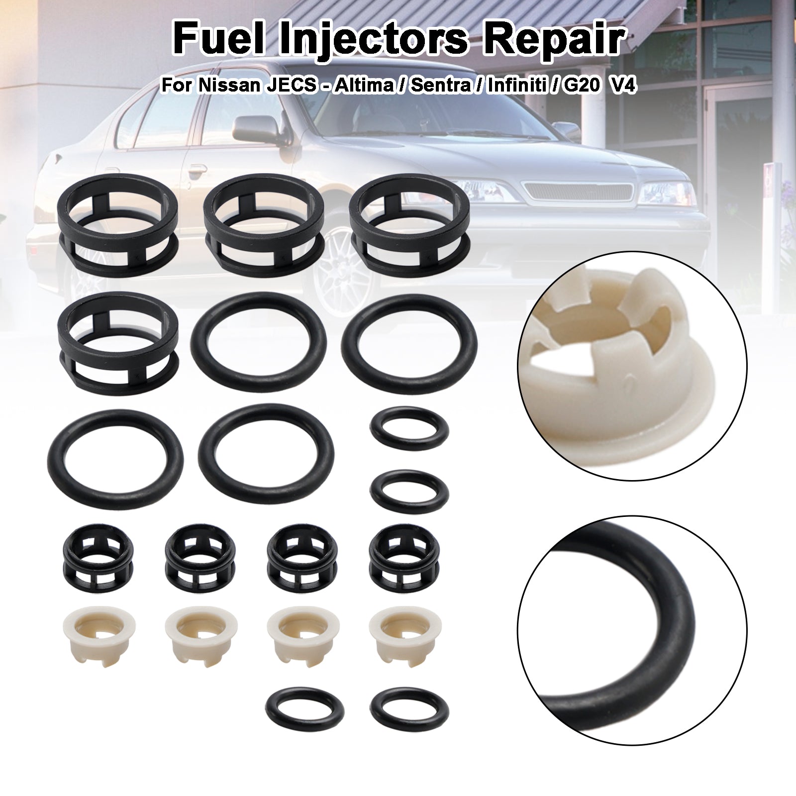 NISSAN JECS - Altima/Sentra/Infiniti/G20 V4 4st Sidmatningsbränsle Injektor Reparationssatsfilter Tätningar O -ringar Pintle Caps