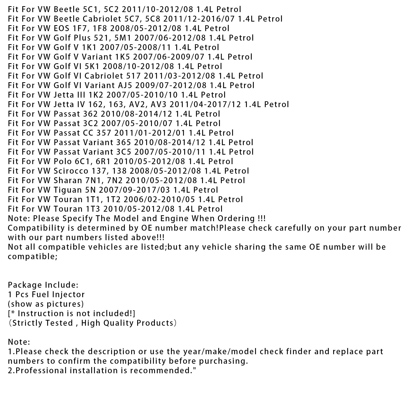 1Pcs Fuel Injector For VW Golf V VI Polo Audi A1 1.4L 03C906036E 03C906036M