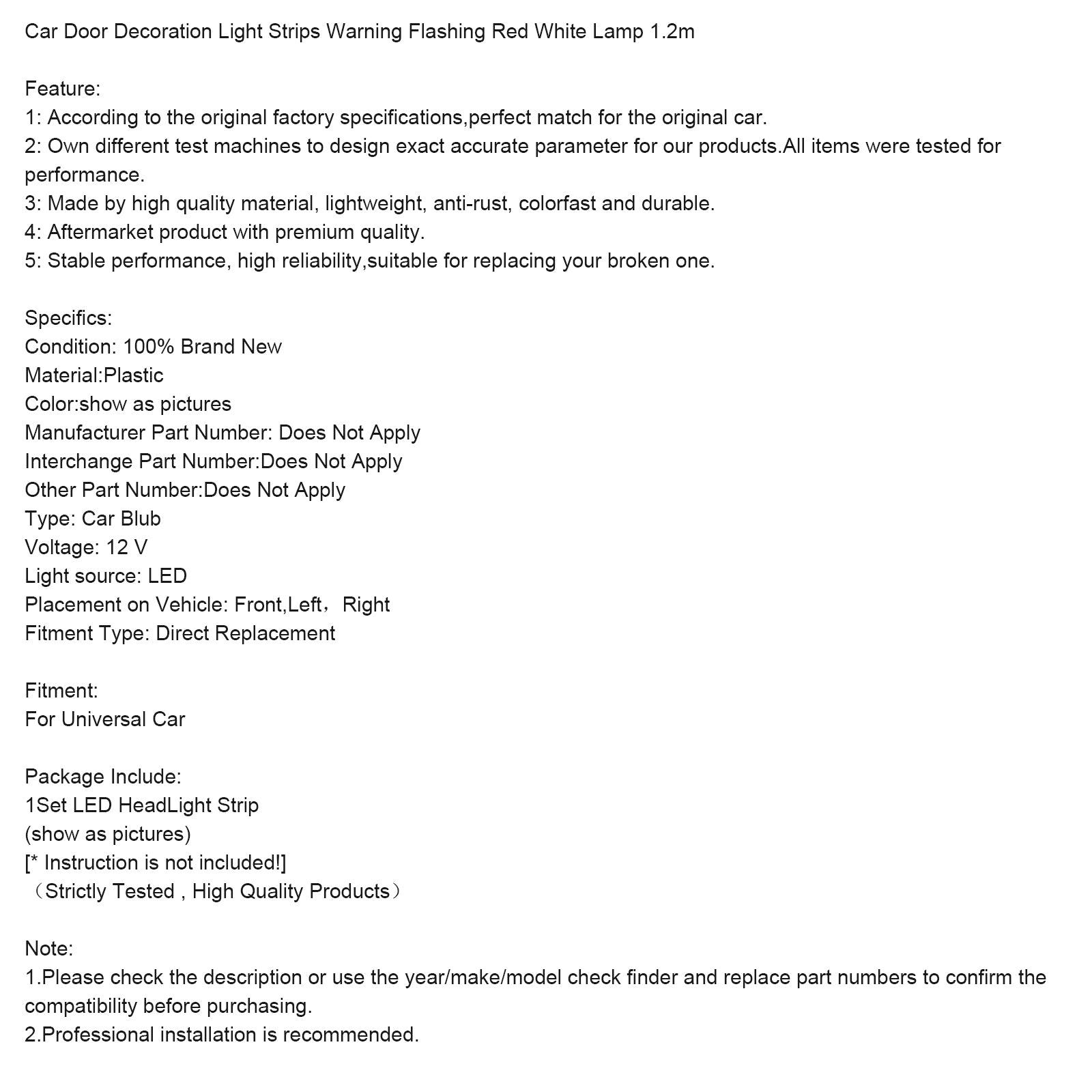 Autodeurdecoratie Lichtstrips Waarschuwing Knipperend Rood Wit Lamp 1,2 m