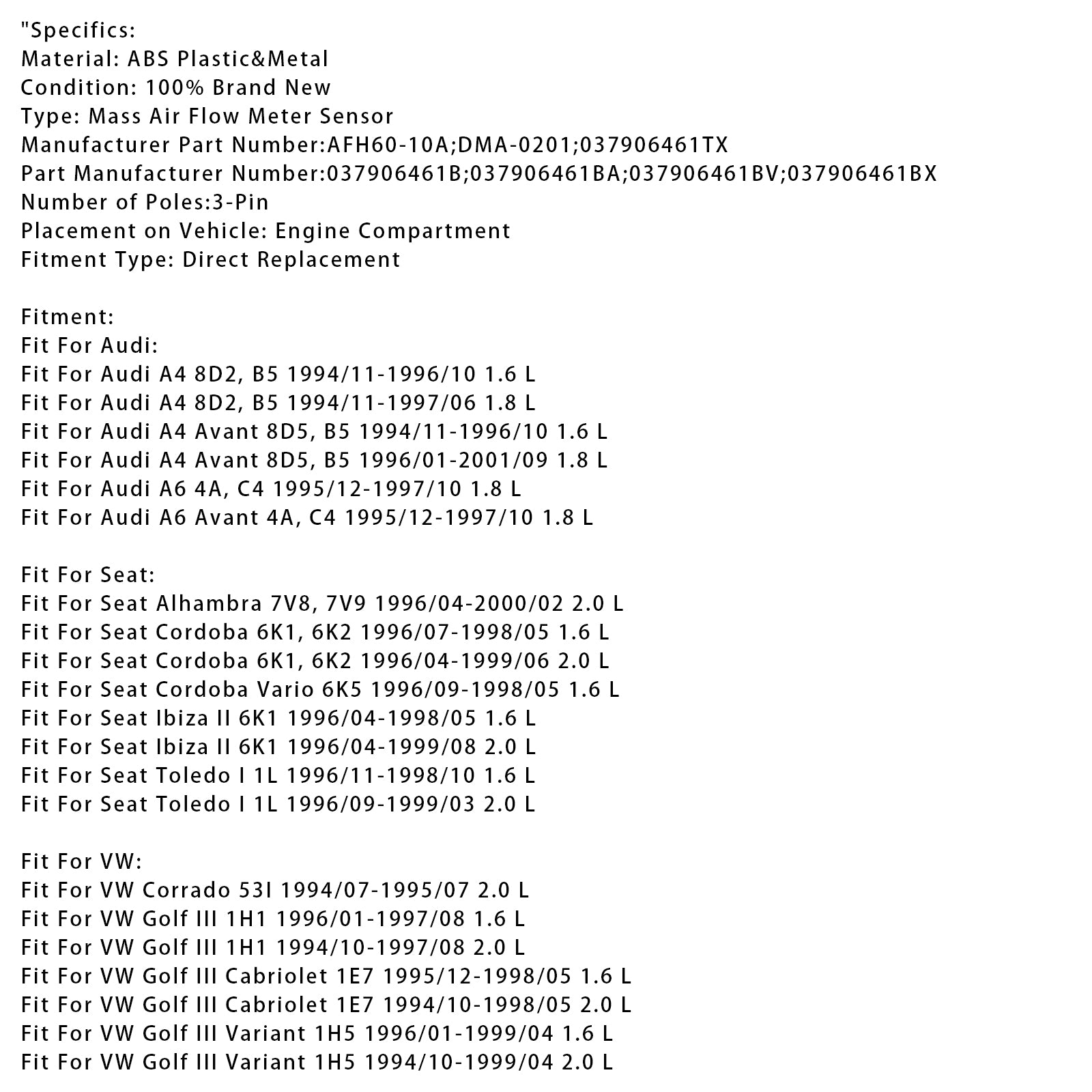 Luftmassmätare Sensor för Audi A4 VW Golf III Cabriolet Corrado 037906461B