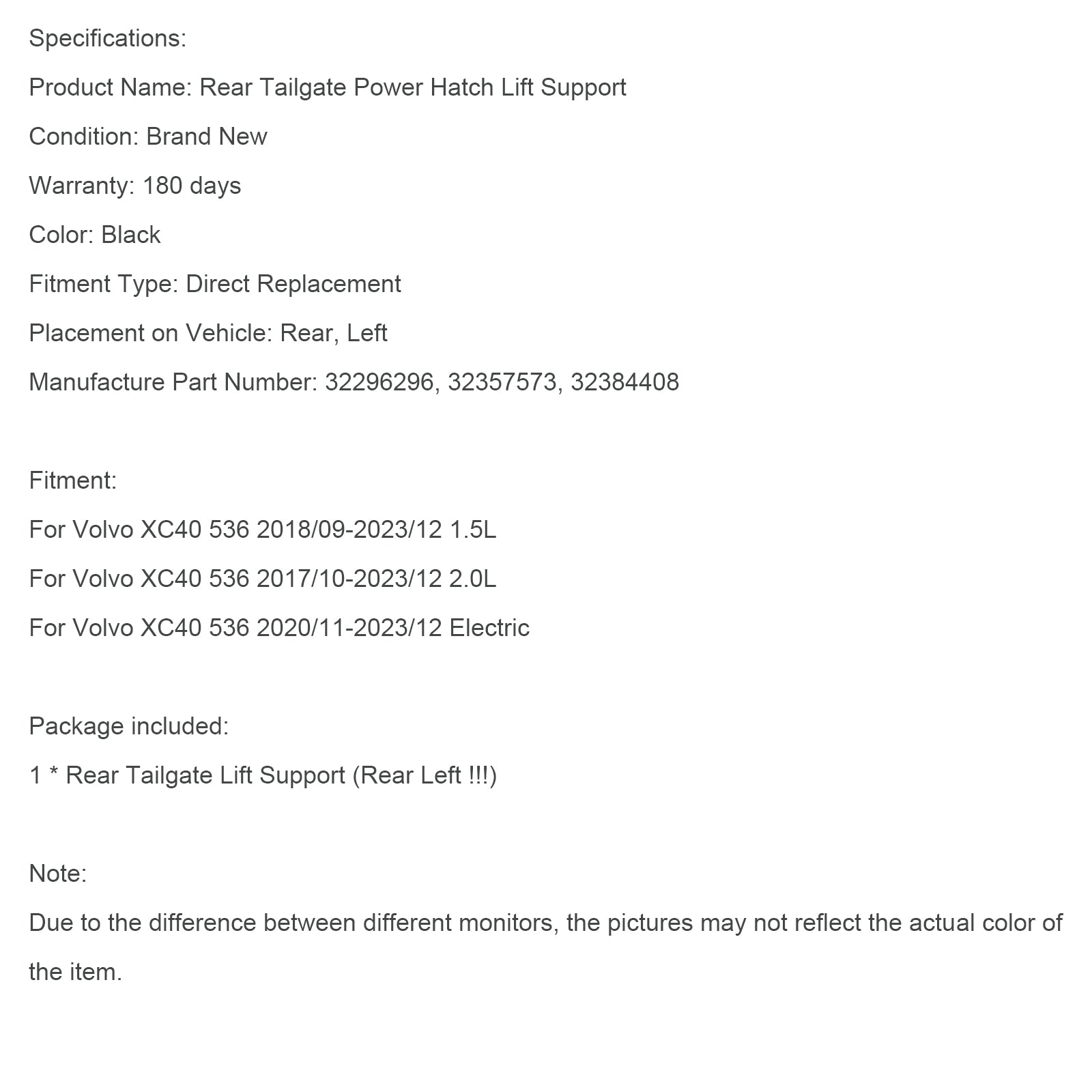 Bakre venstre elektrisk bakluke gass stag 32296296 Fit Volvo XC40 536 2019-2023