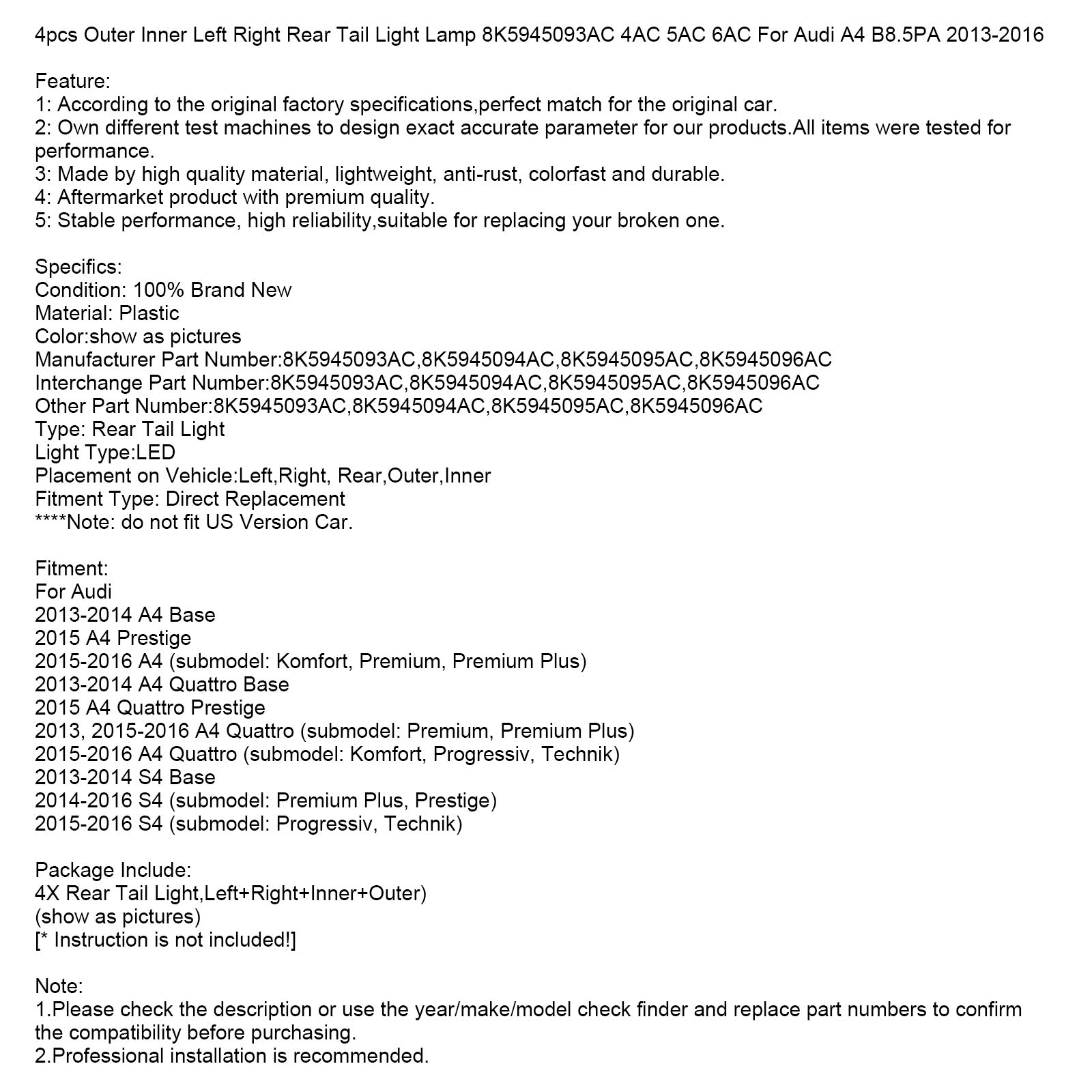 4pcs zadné zadné svetlo žiarovky 8k5945093ac 4ac 5ac 6ac pre Audi A4 B8.5PA 2013-2016