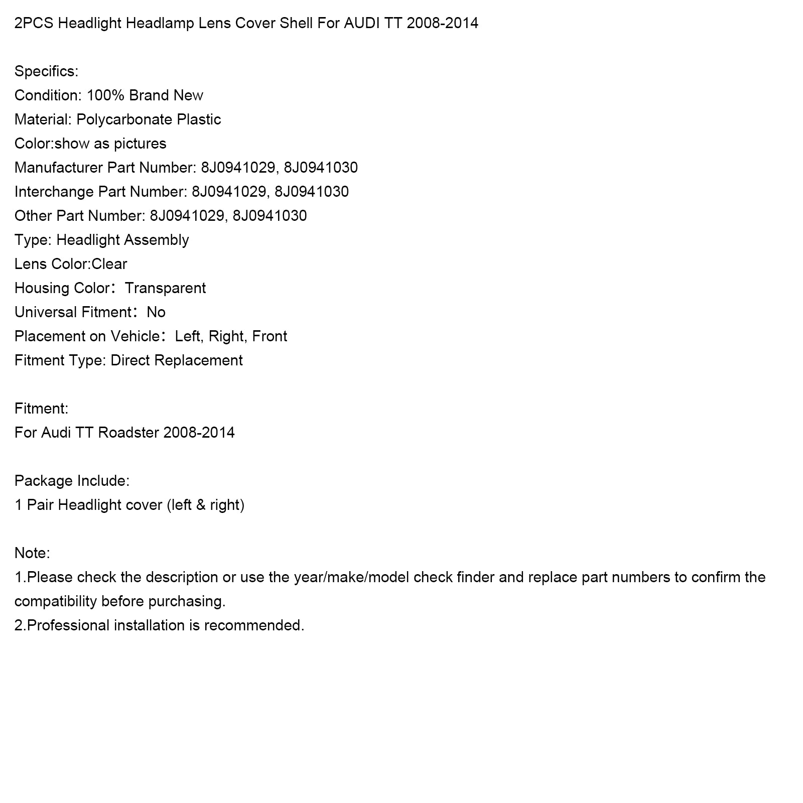 2008-2014 AUDI TT 2 STUKS Koplamp Koplamp Lens Cover Shell