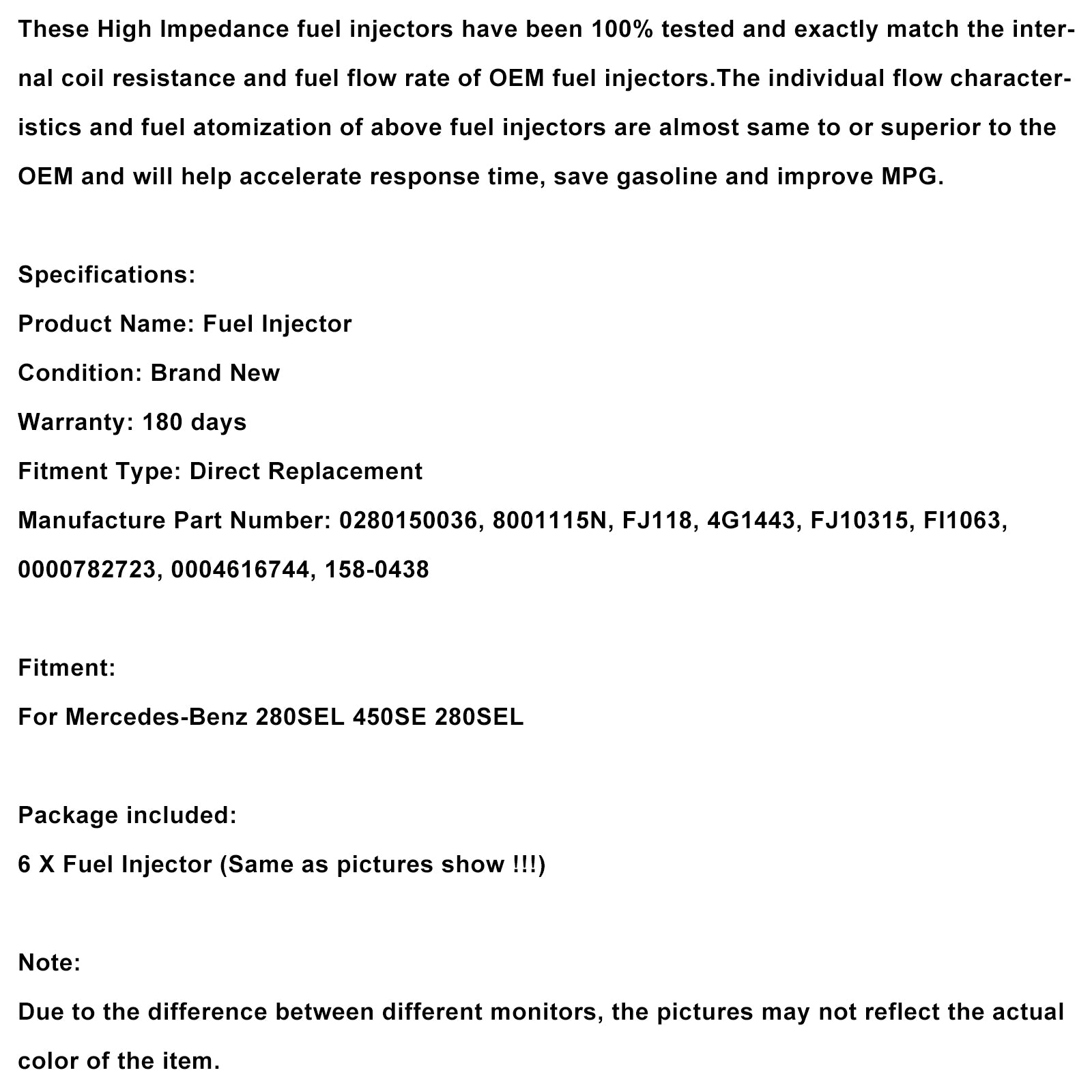 Mercedes-Benz 280SEL 450SE 280SEL 4.5L V8 6PCS Brandstofinjector 0280150036