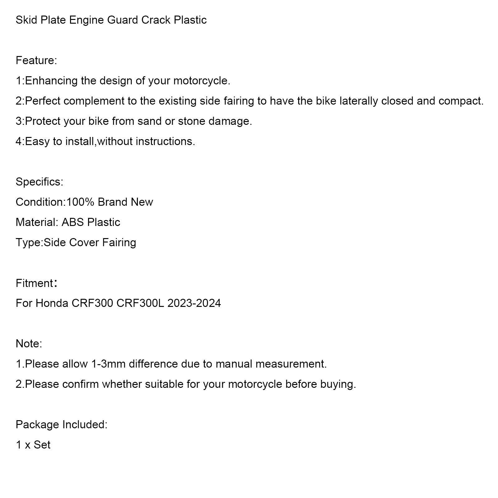 2023-2024 Honda CRF300 CRF300L SKIDPLATT Motorvakt Crack Plastic Plastic