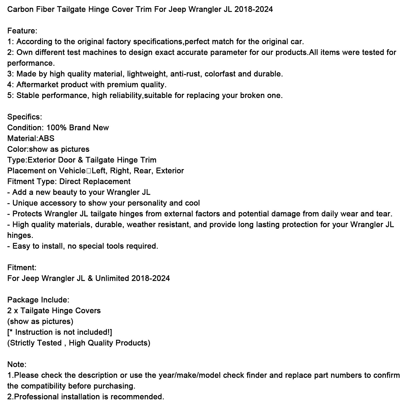 2018-2024 Jeep Wrangler JL Carbon Fiber Tailgate Hinge Cover Trim