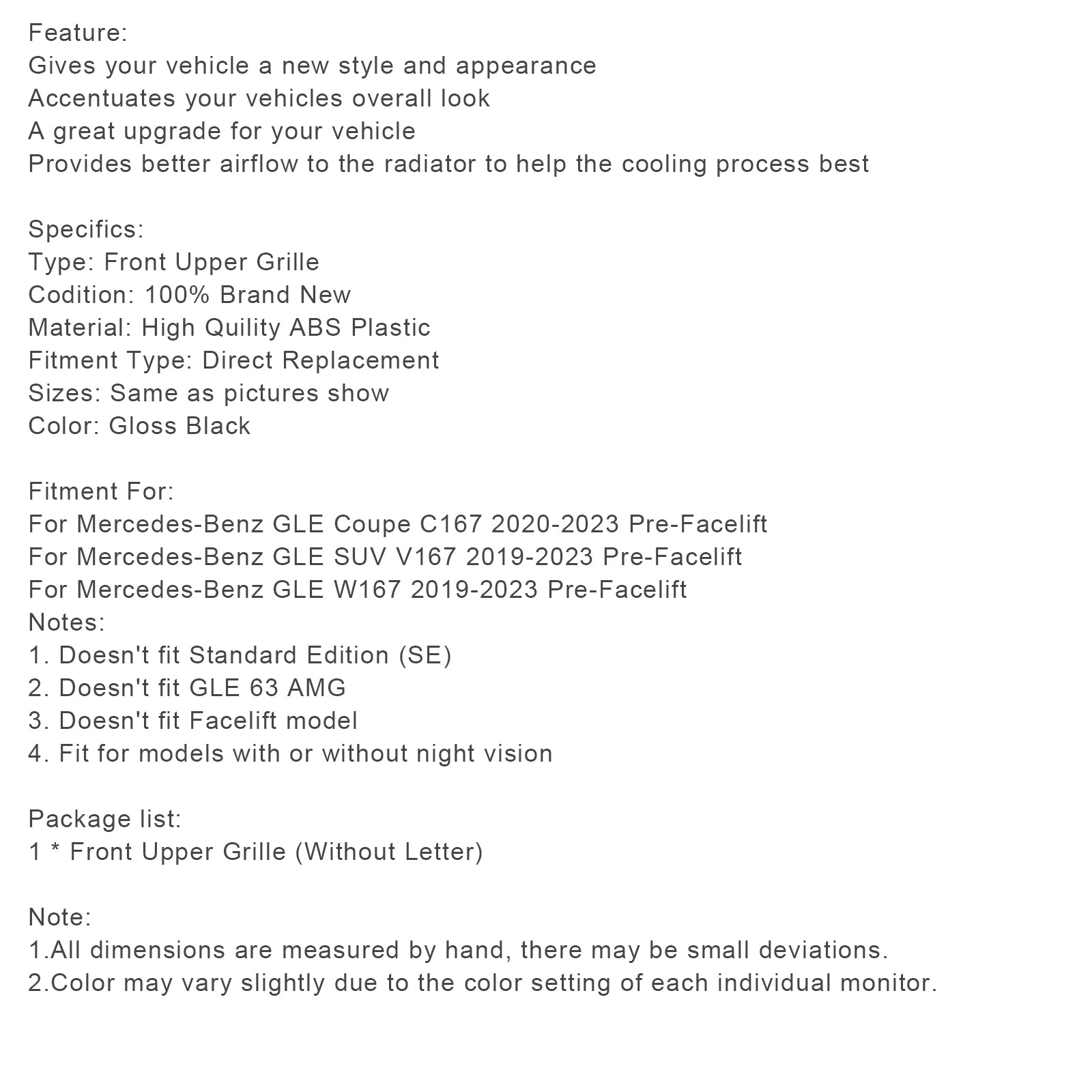 Calandre avant noire brillante Mercedes-Benz GLE Coupé C167 pré-lifting 2020-2023