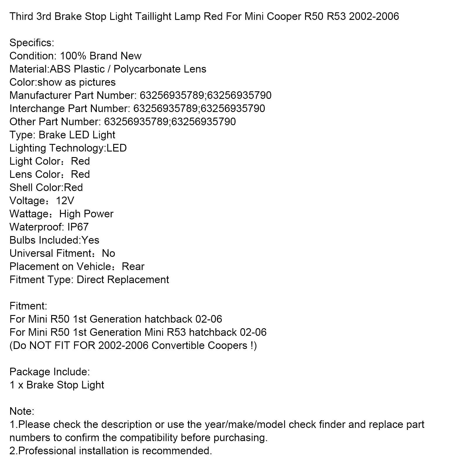 Third 3rd Brake Stop Light Taillight Lamp Red For Mini Cooper R50 R53 02-06