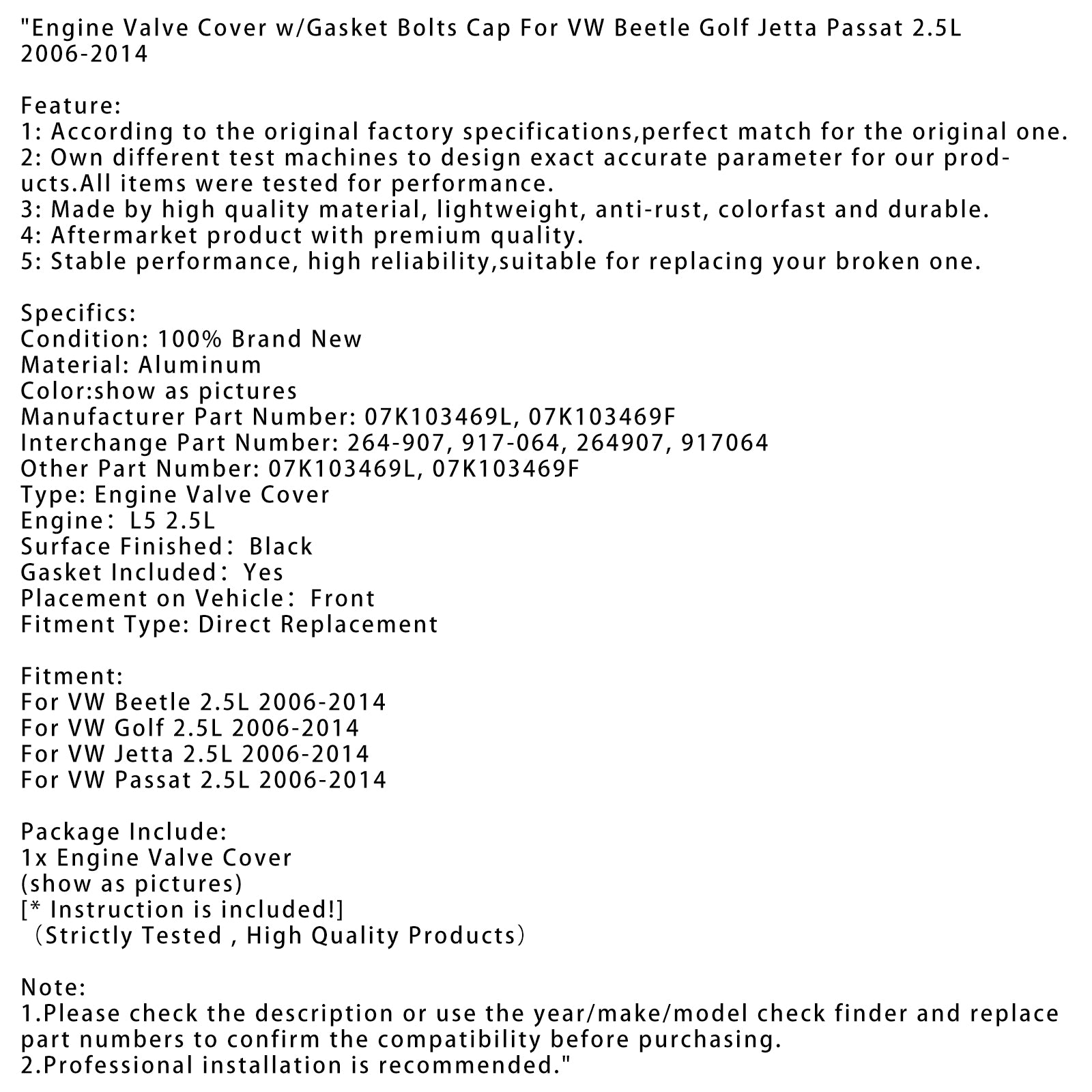 2006-2014 VW Jetta 2.5L Tampa da válvula do motor com parafusos de junta Cap 07K103469L 07K103469L