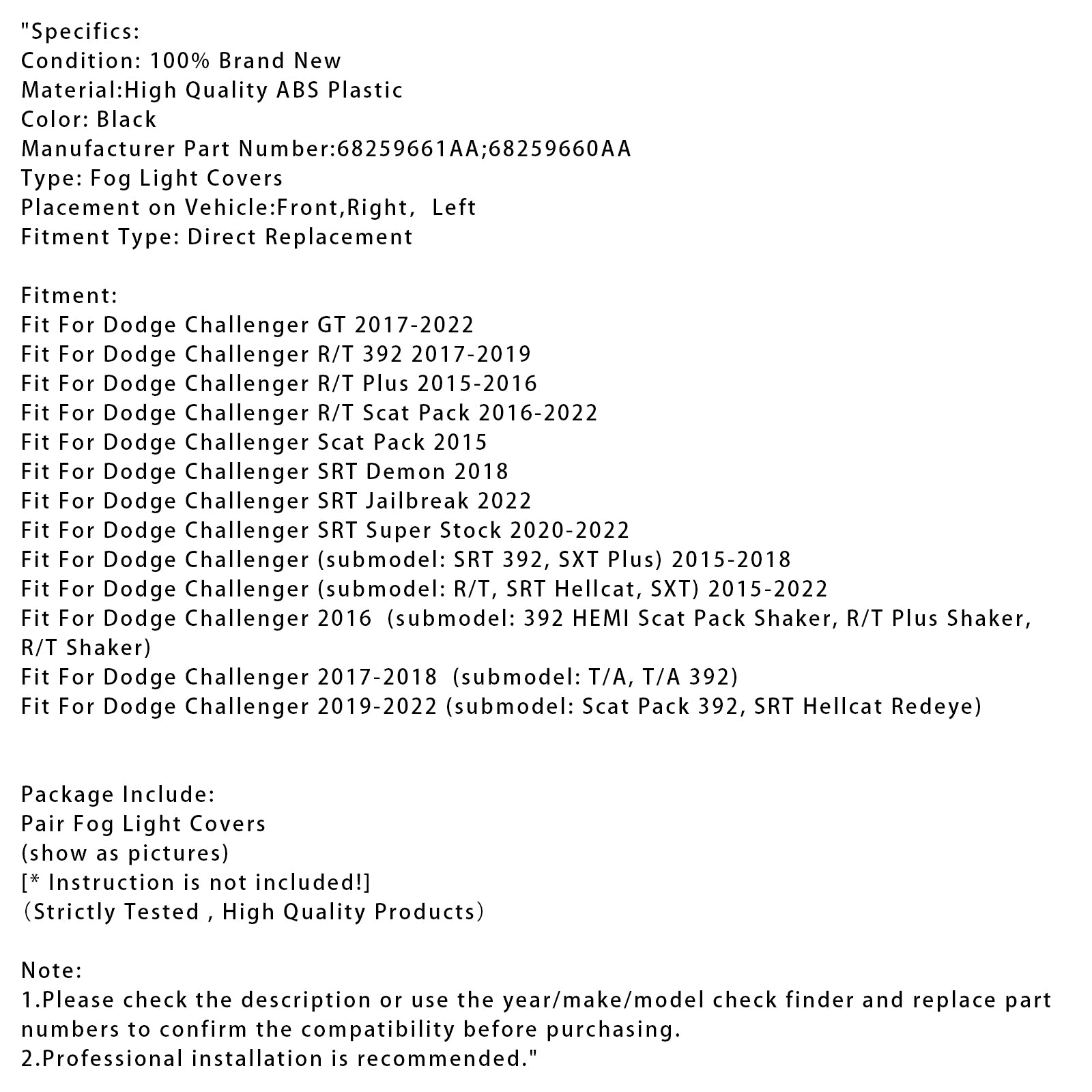 Par tåkelysdeksler for Dodge Challenger 2015-2022 68259661AA