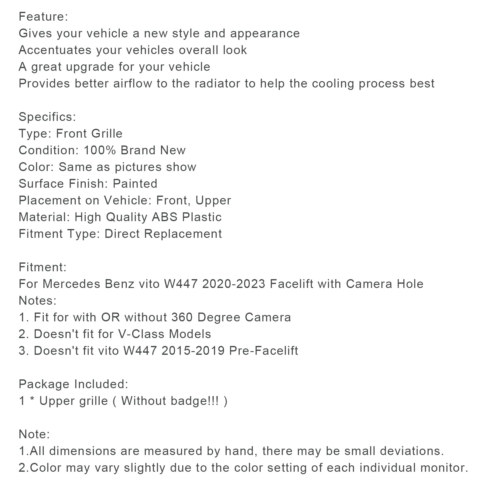 Mercedes-Benz Vito restylé (2020-2023) W447 Calandre avant noire