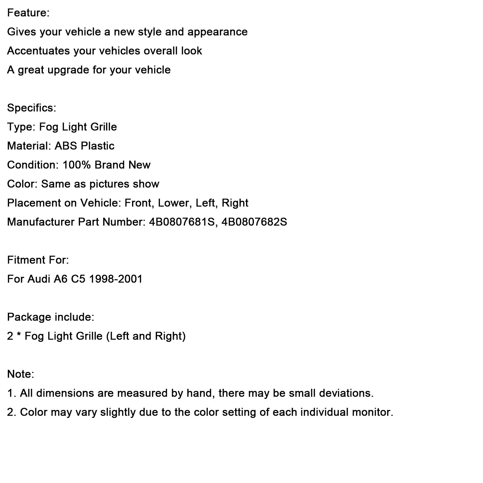 1998-2001 Audi A6 C5 2PCS Front Lower Bumper Fog Light Cover Grille