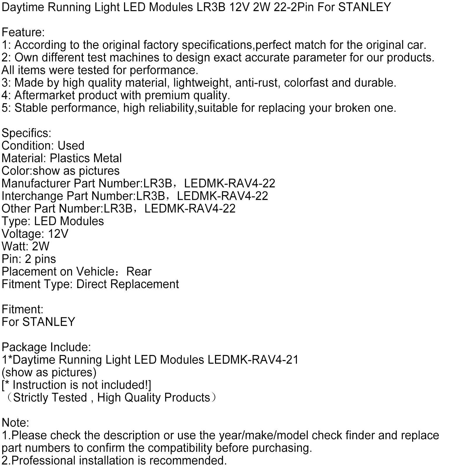 Dagrijverlichting LED-modules LR3B 12V 2W 22-2Pin voor STANLEY