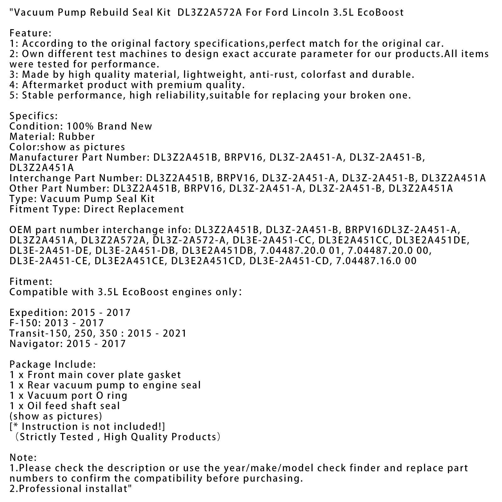 Vacuum Pump Rebuild Seal Kit DL3Z2A572A For Ford Lincoln 3.5L EcoBoost