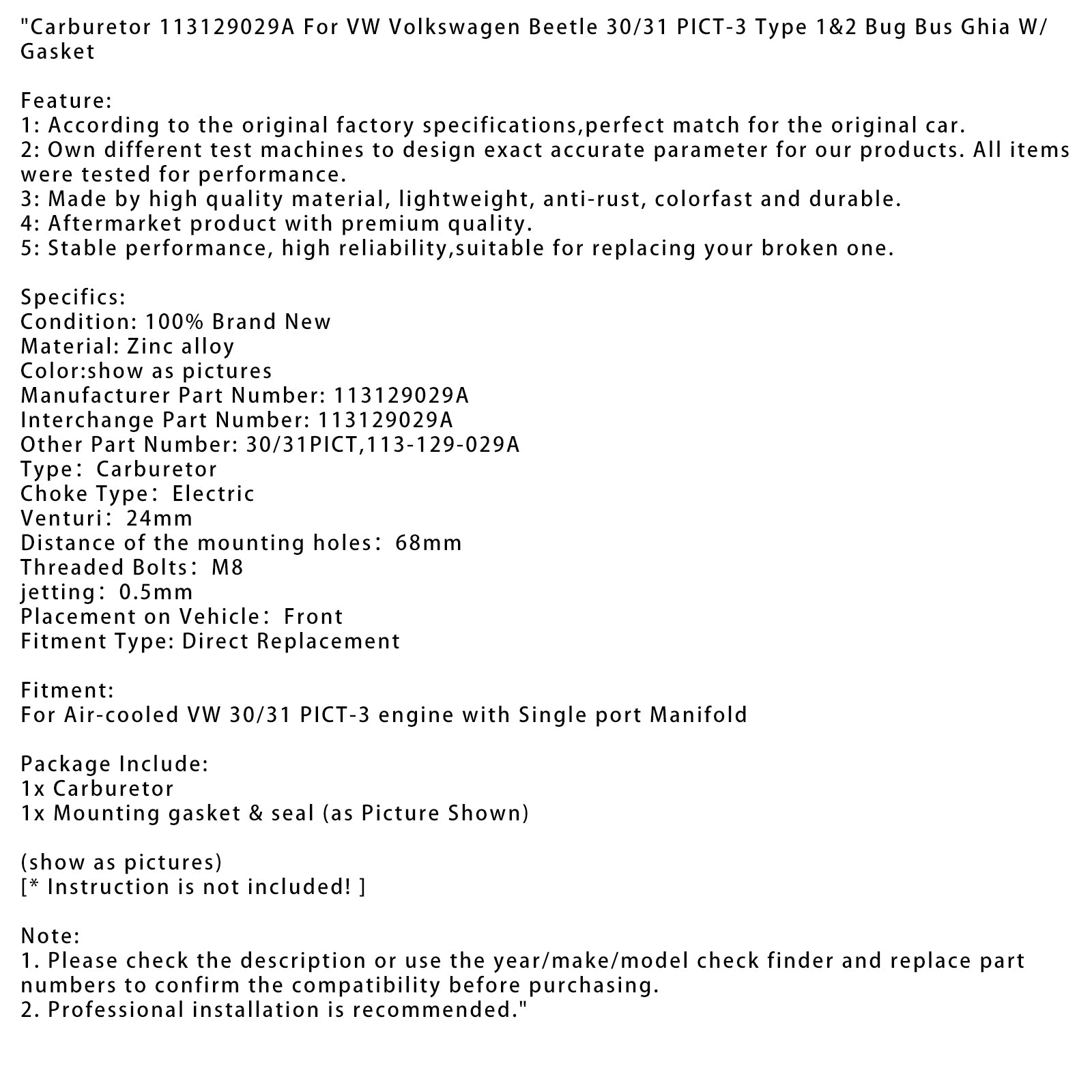 VW Escarabajo 30/31 PICT-3 Tipo 1&2 Bug Bus Ghia con junta de carburador 113129029A 30/31PICT 113-129-029A