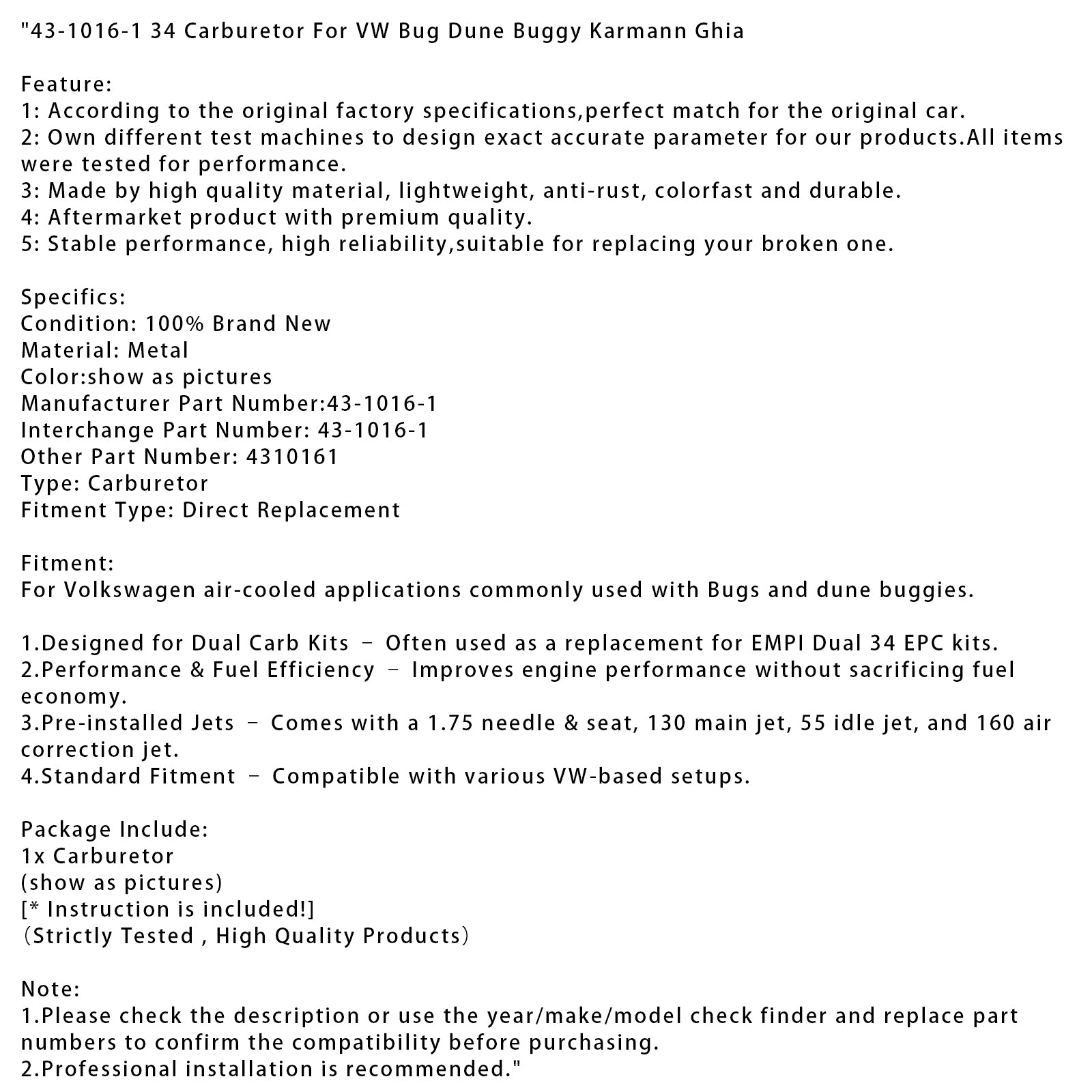 43-1016-1 34 karburátor pre VW Bug Dune Buggy Karmann Ghia