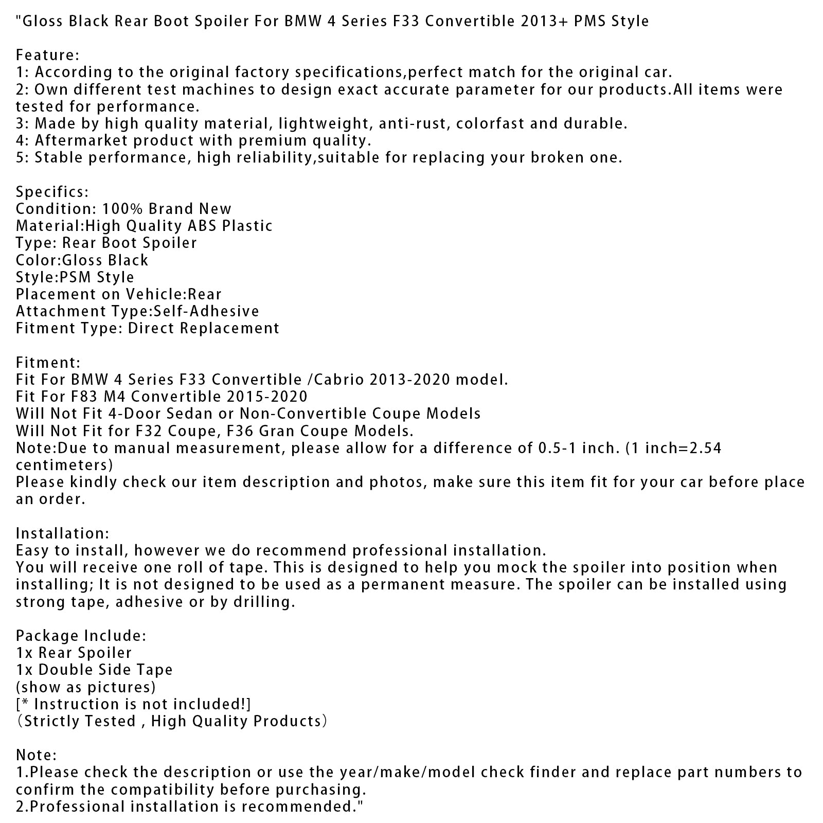 2013-2020 BMW 4 Series F33 Convertible /Cabrio Gloss Black Rear Boot Spoiler