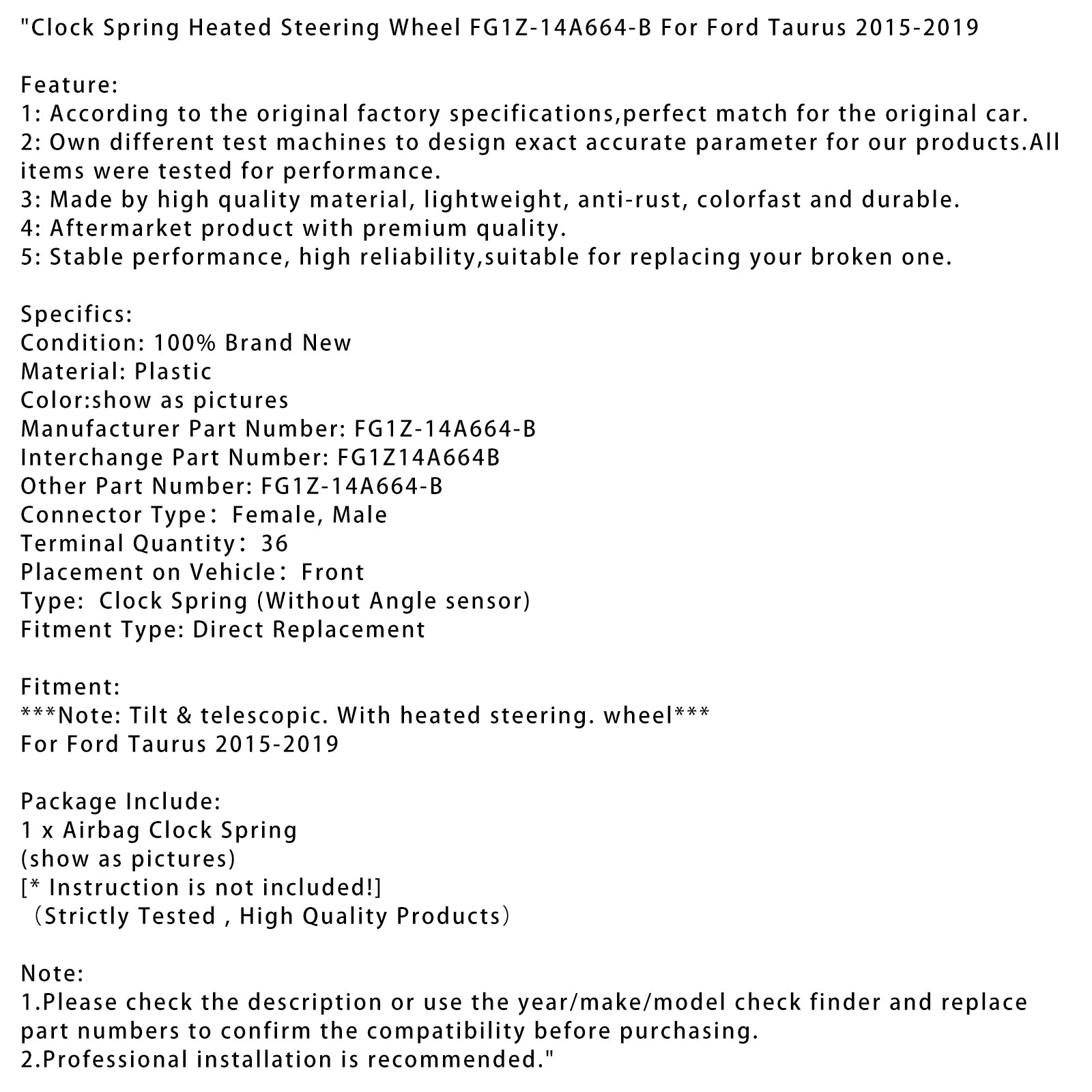 2015-2019 Ford Taurus Clock Spring Heated Steering Wheel FG1Z-14A664-B