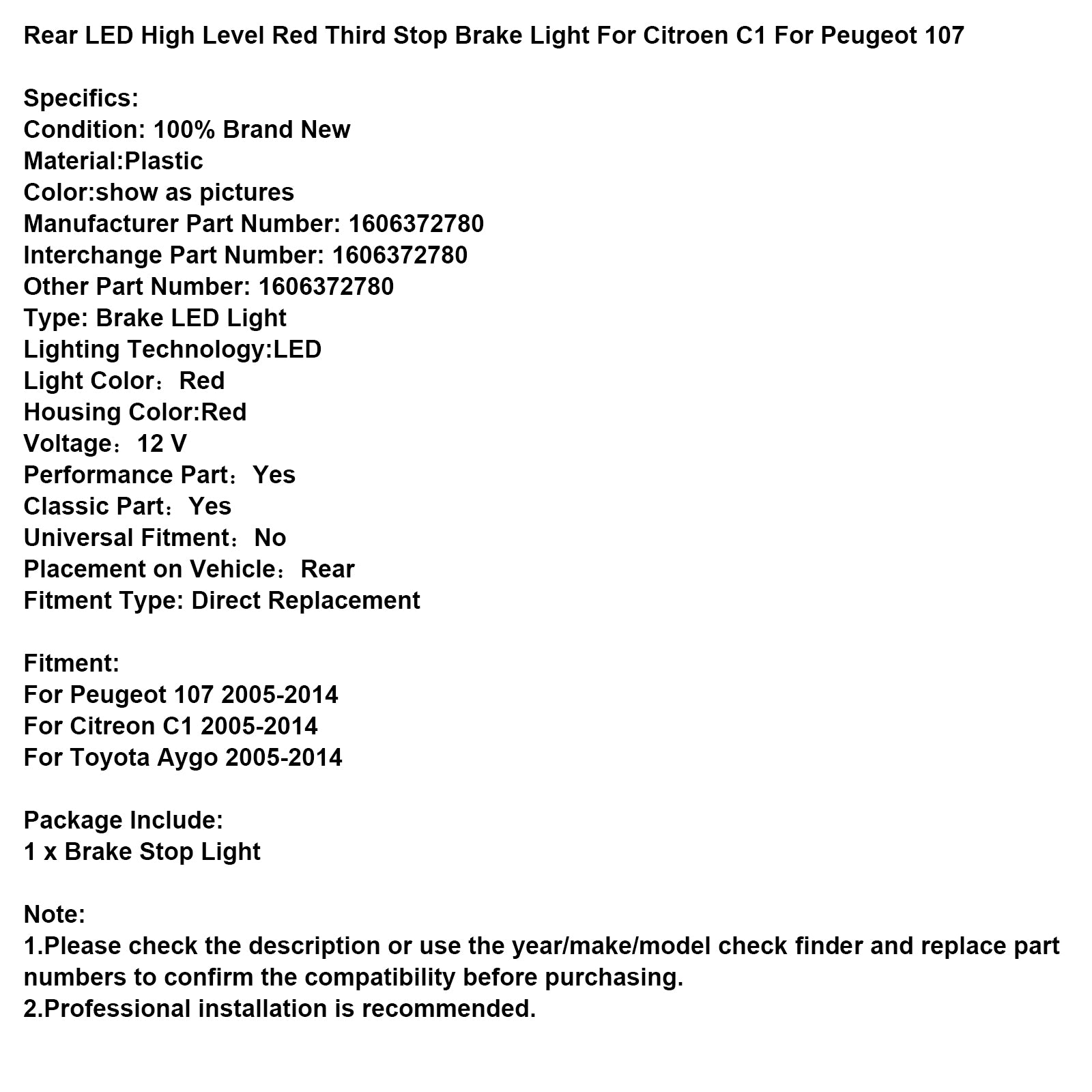 Bakre högnivårött tredje stoppbromsljus för Citroen C1 för Peugeot 107