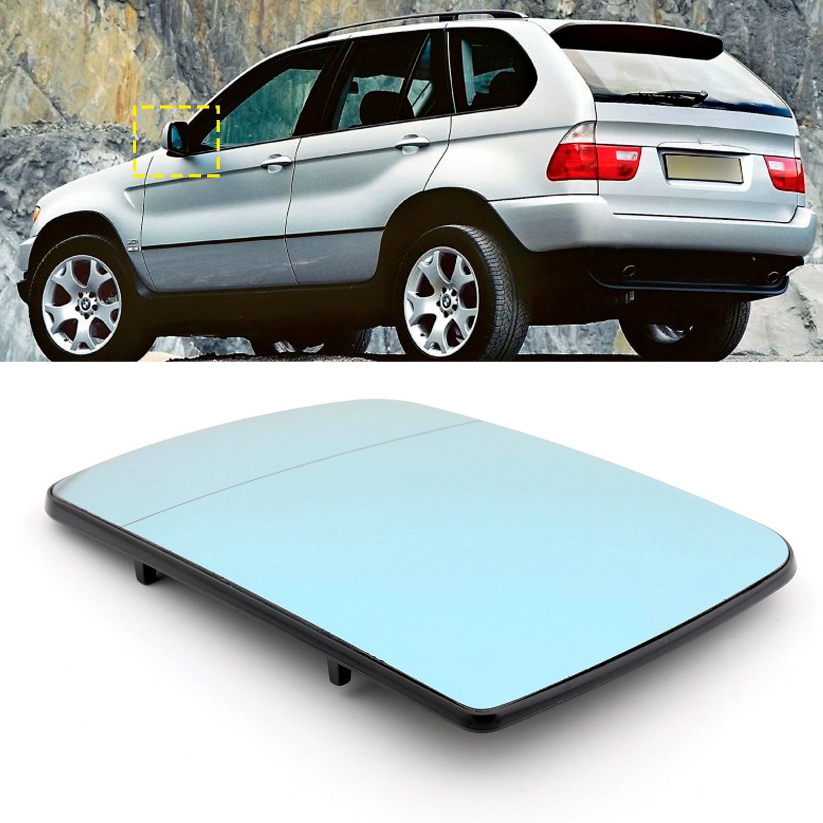 Blå uppvärmd vänster förarsidospegelglas för BMW X5 E53 1998-2006