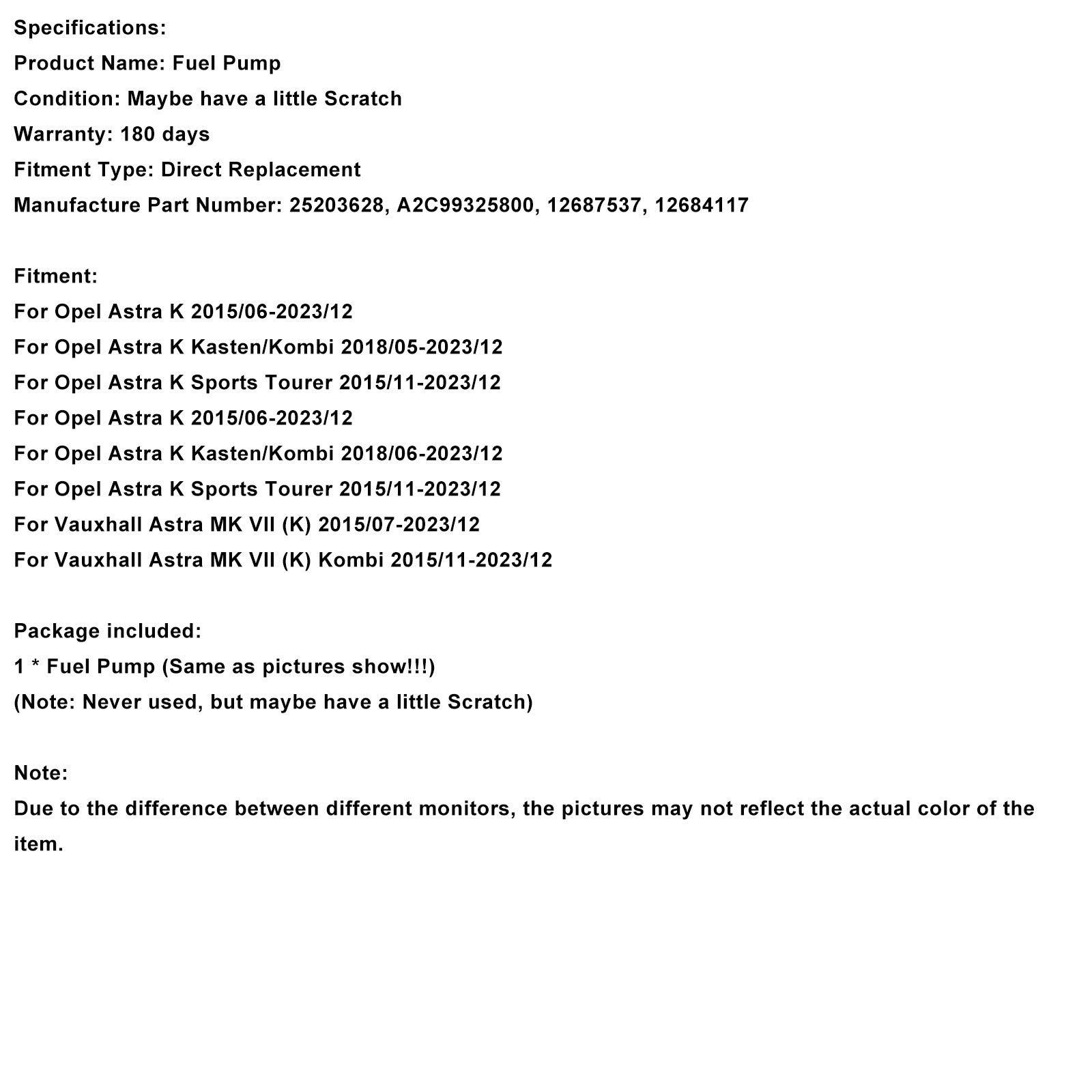 2015/11-2023/12 Opel Astra K Sports Tourer High Pressure Fuel Pump A2C99325800