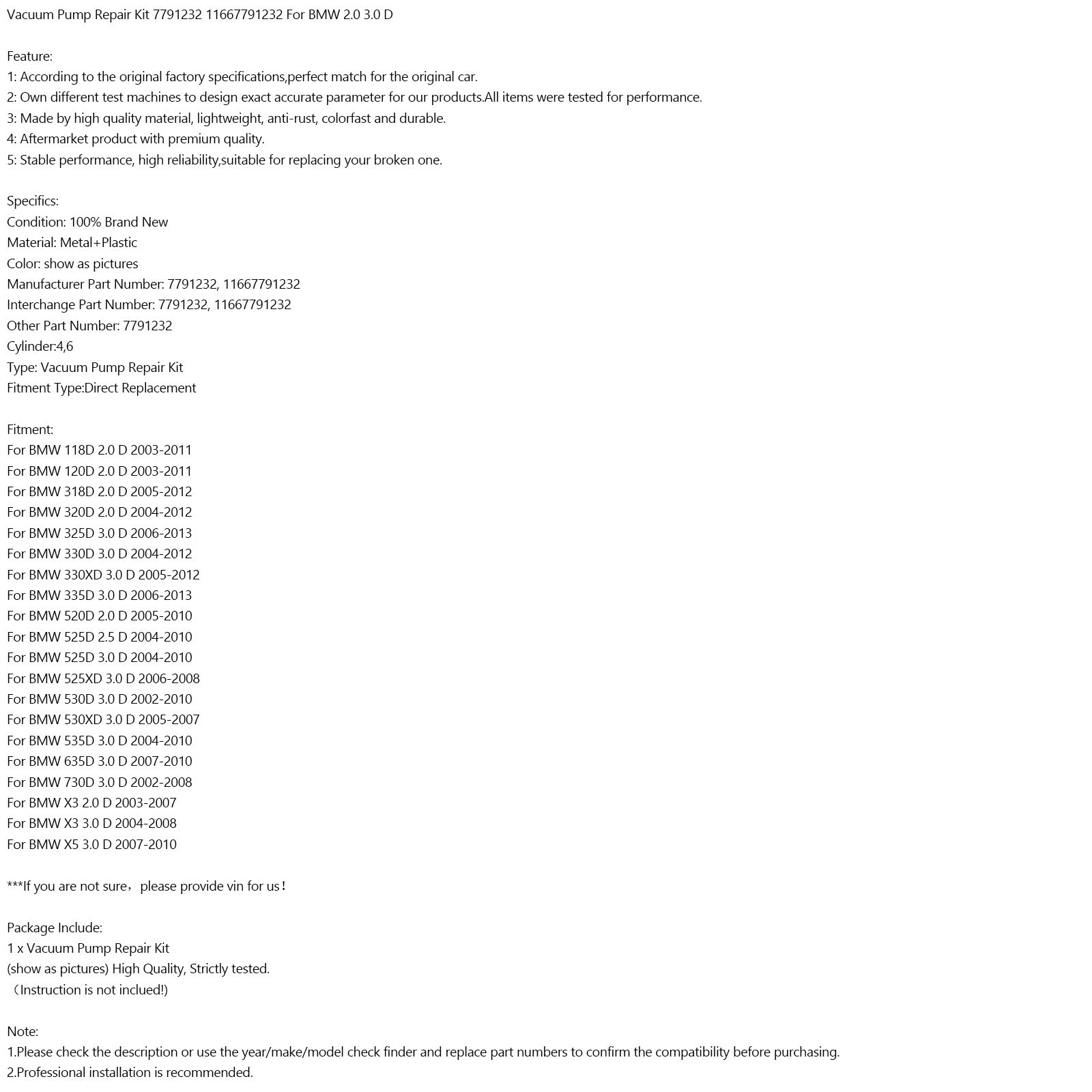 Vacuümpompreparatieset 7791232 11667791232 voor BMW 2.0 3.0 D