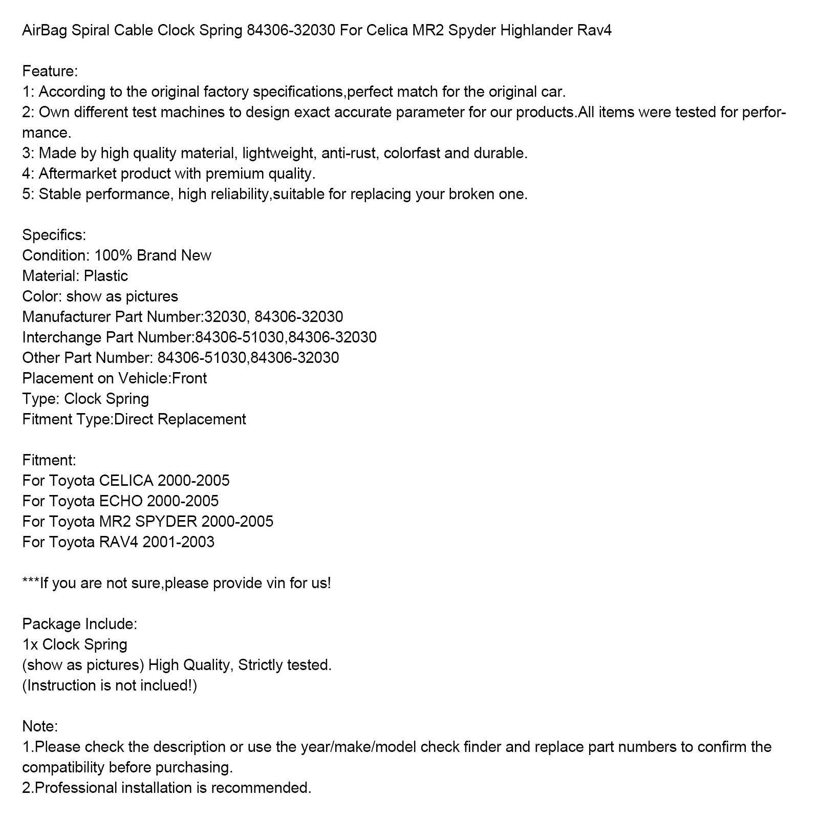 2001-2003 Toyota Rav4 Airbag Spiral Cable Clock Spring 84306-32030