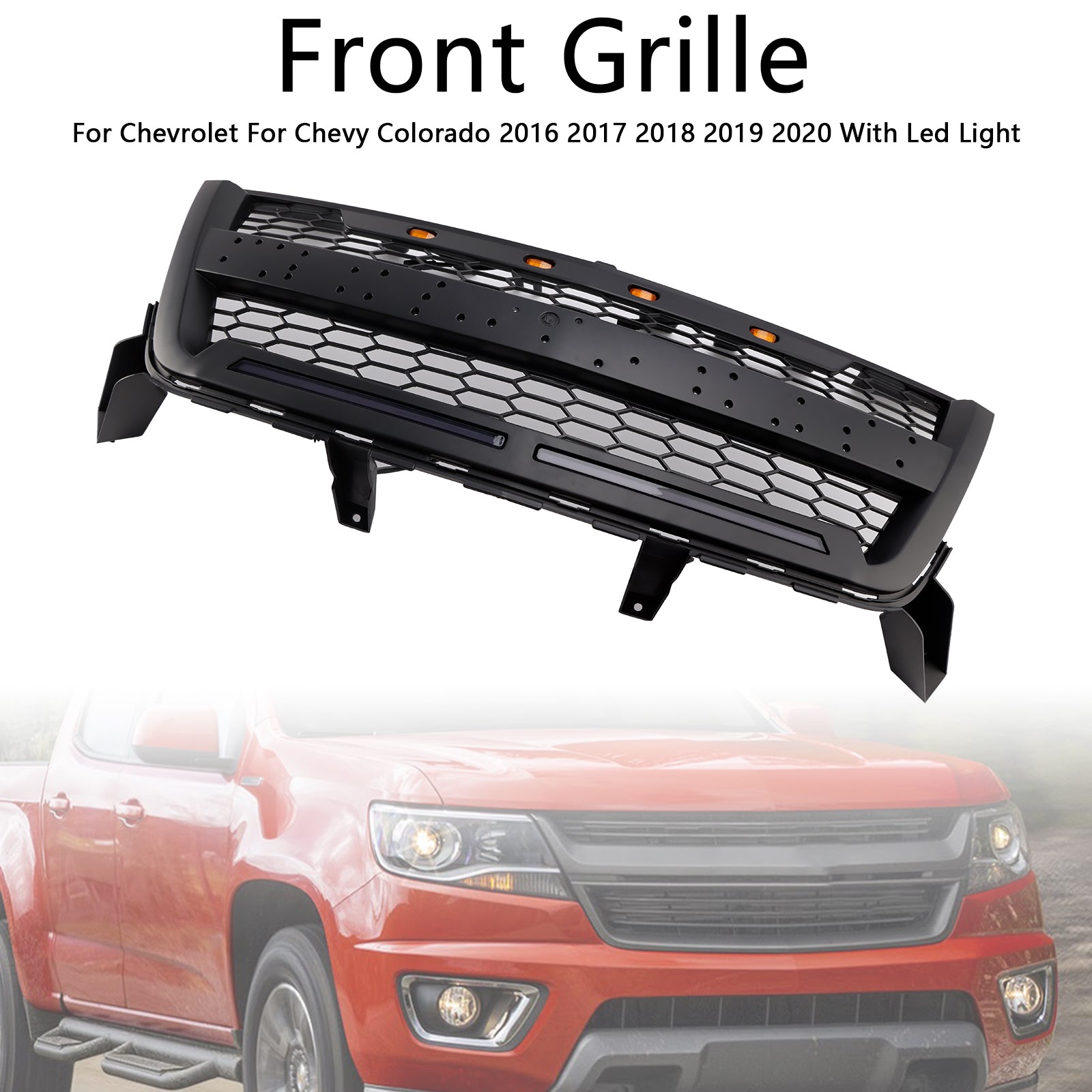 Grade de pára-choques dianteiro preto foste fit Chevy Colorado 2016-2020 com LED