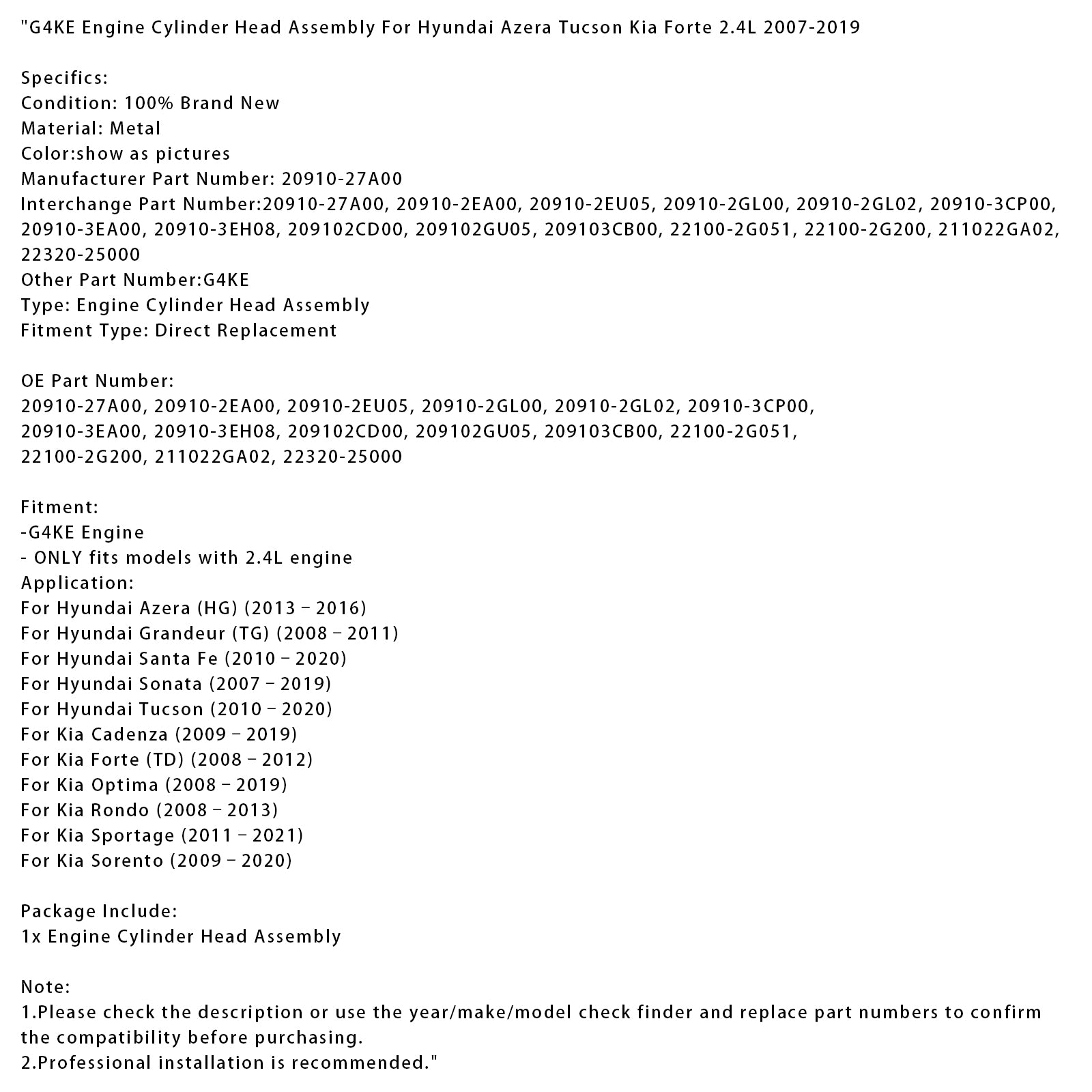 2007–2019 Hyundai Sonata G4KE-motorcilinderkop 20910-27A00 22320-25000
