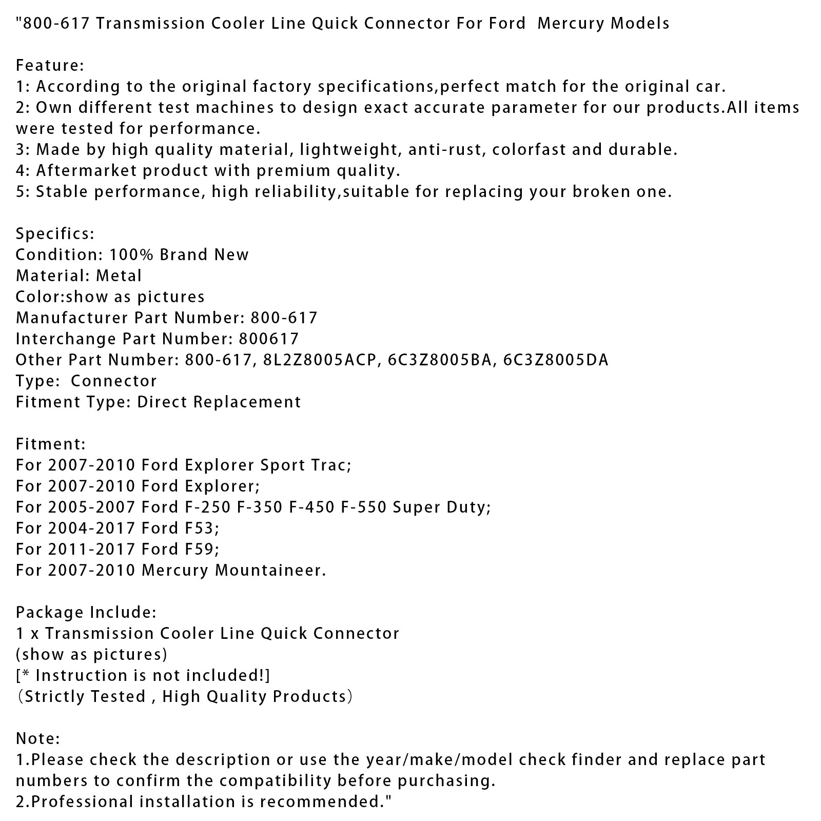 800-617 prevodovka Cooler Line Quick Connector pre modely Ford Mercury