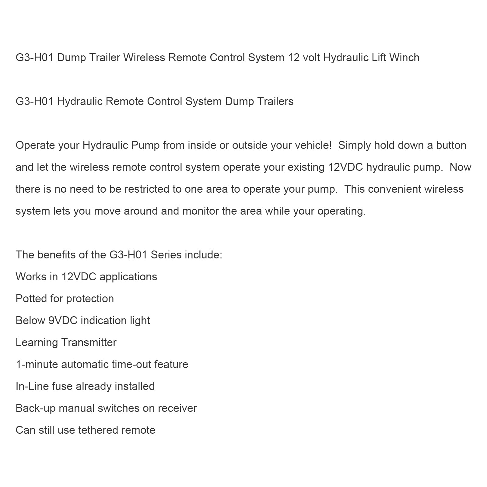 12 Volt Hydraulic Lift Winch Dump Trailer Wireless Remote Control System