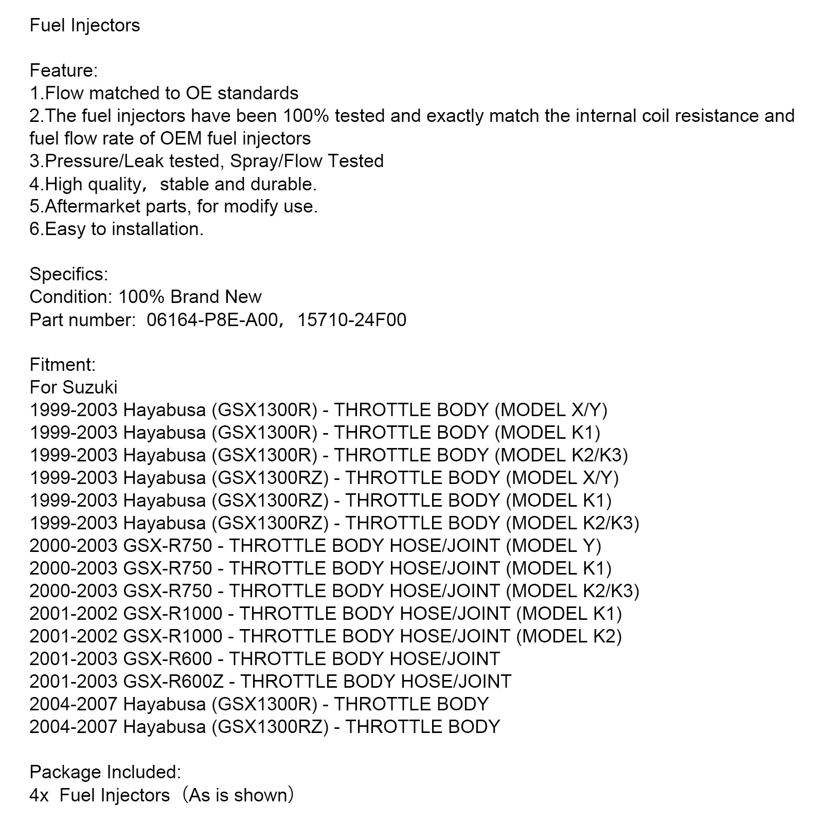 4PCS 06164-P8E-A00 15710-24F00 Injektory paliva pre Suzuki GSX-R750 GSX-R600 GSX1300R