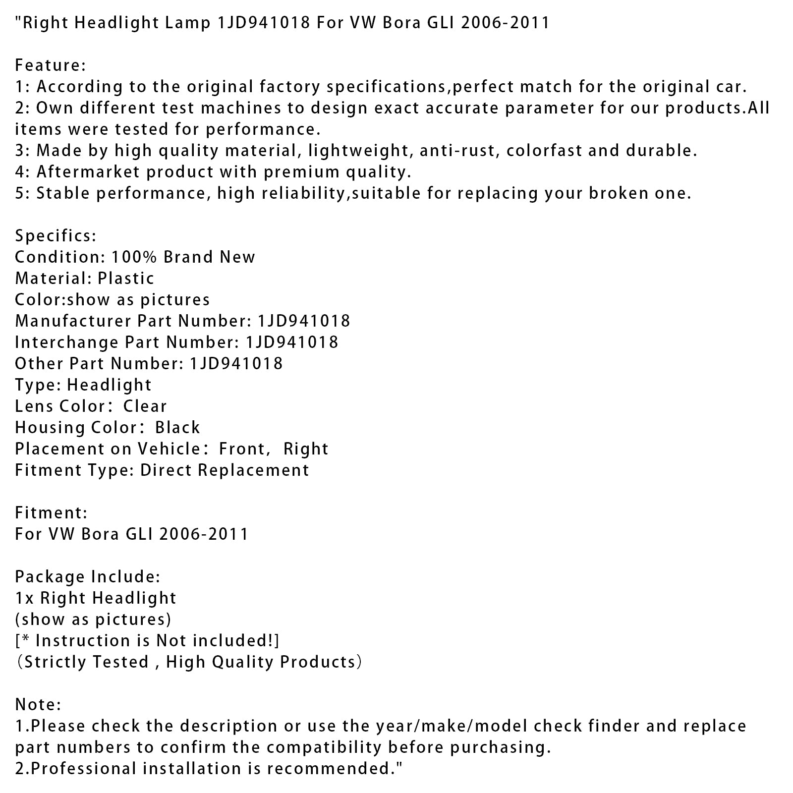 Rechter koplamplamp 1JD941018 voor VW Bora GLI 2006-2011