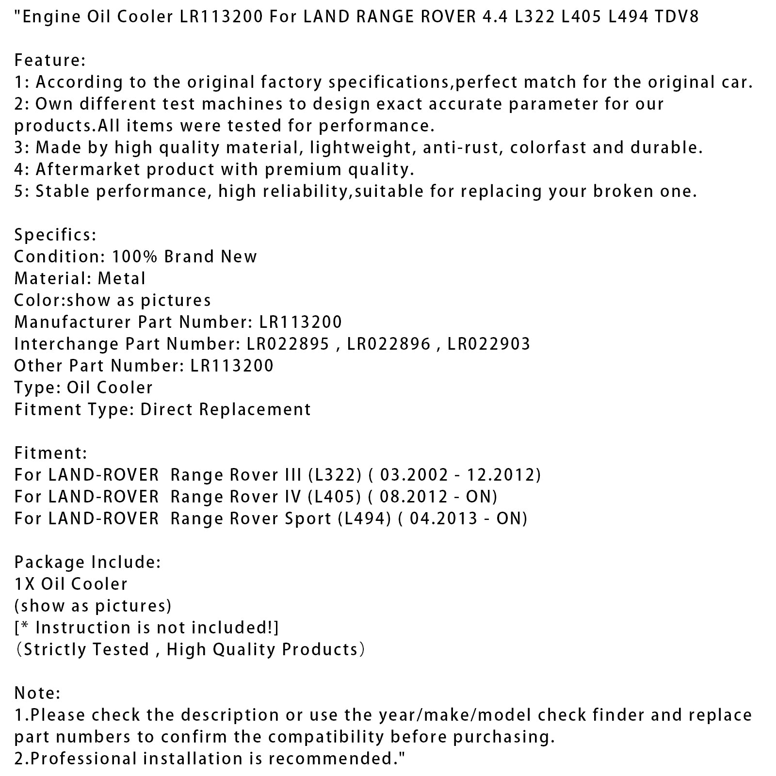03.2002-12.2012 Land-Rover Range Rover III (L322) refroidisseur d'huile moteur LR113200 générique