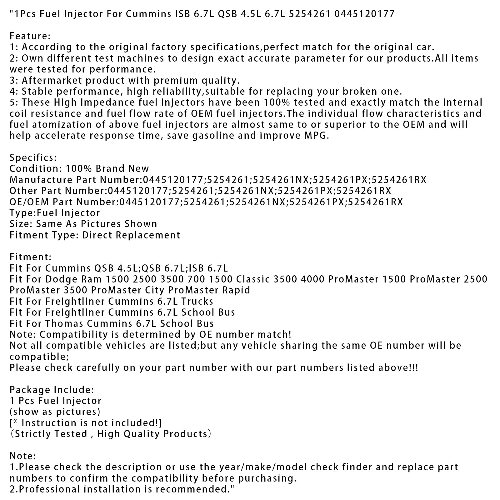1Pcs Fuel Injector For Cummins ISB 6.7L QSB 4.5L 6.7L 5254261 0445120177