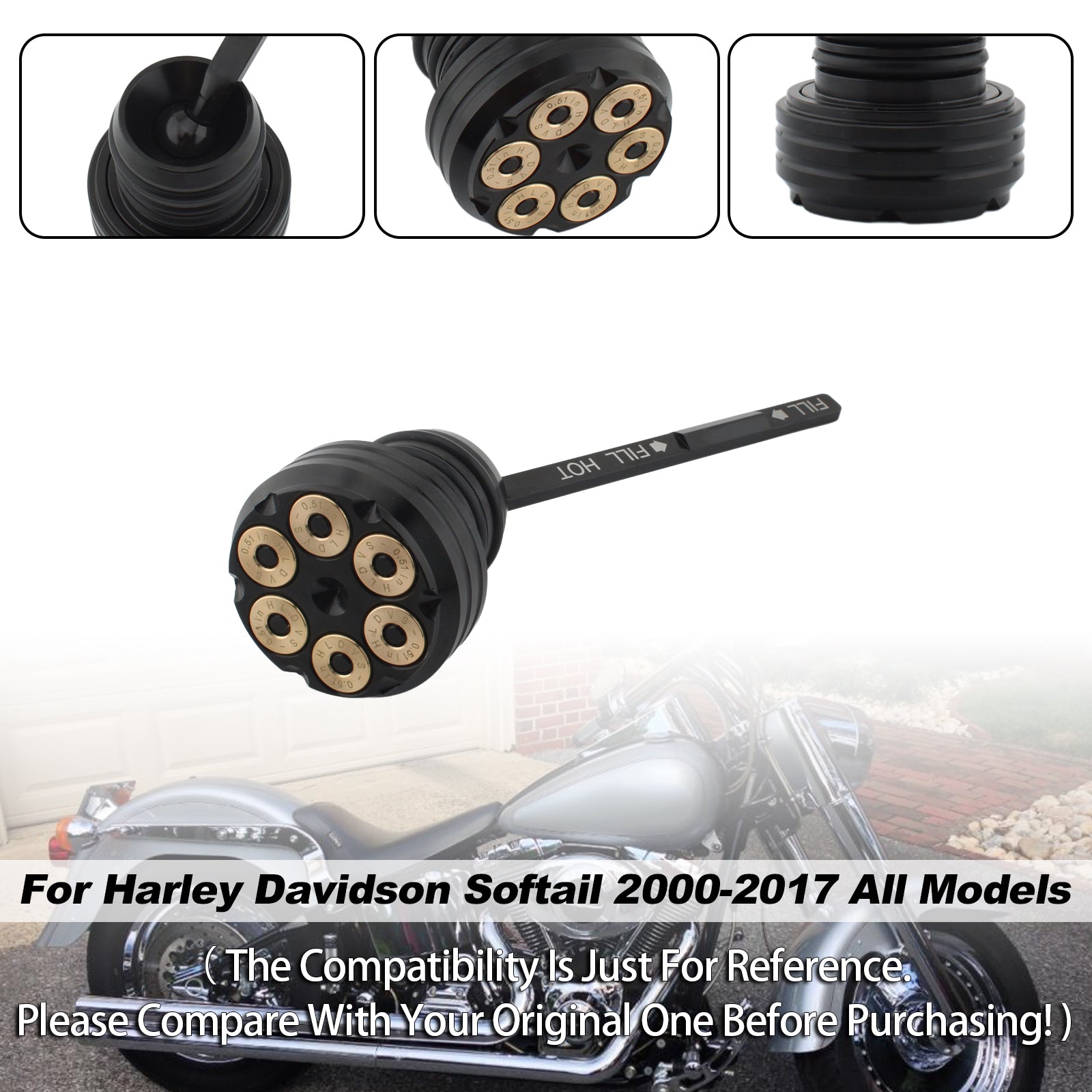 Olje dipestick tank cap plugg for softail 2000-2017 Alle modeller