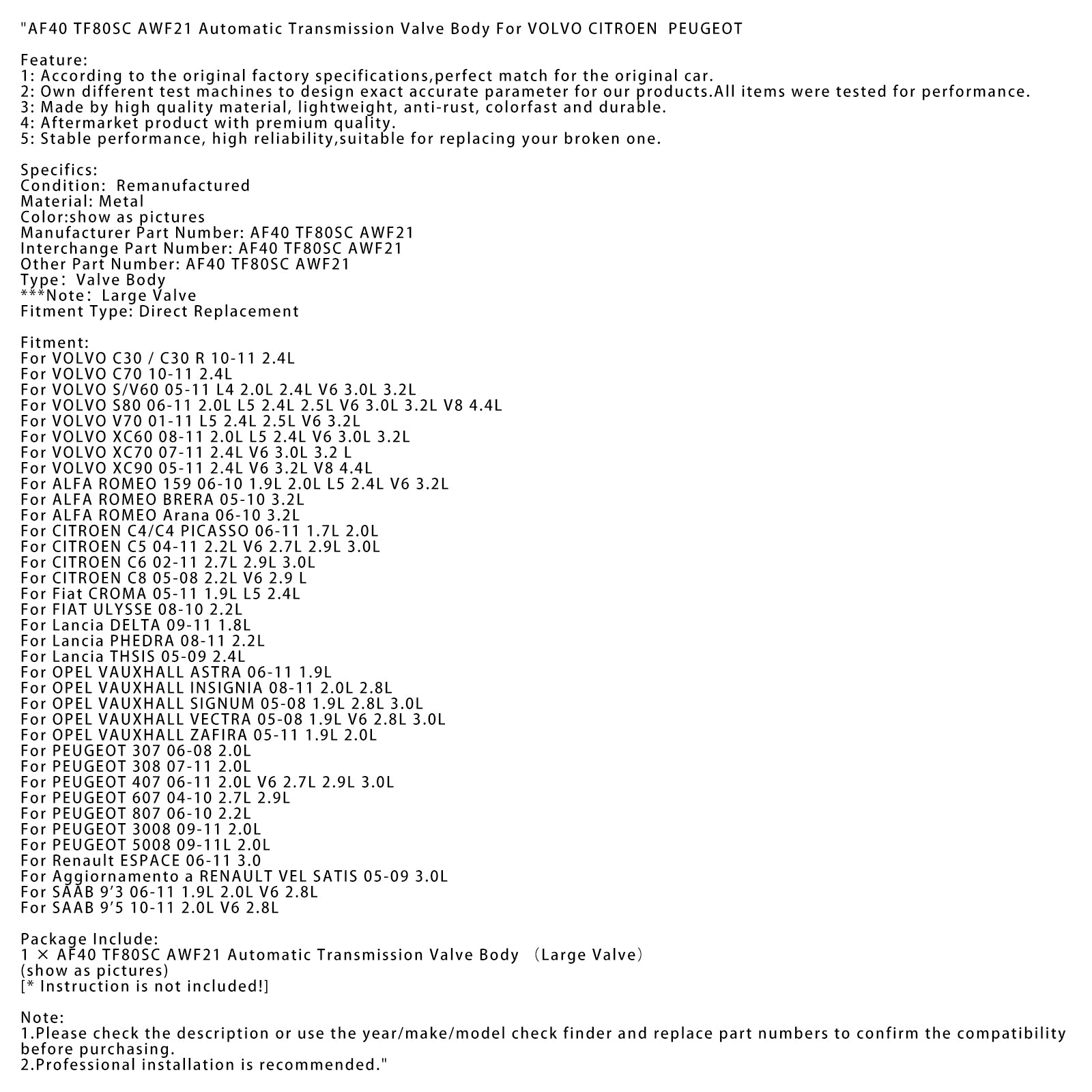 2008-2010 FIAT ULYSSE2.2L Cuerpo de válvula de transmisión automática AF40 TF80SC AWF21