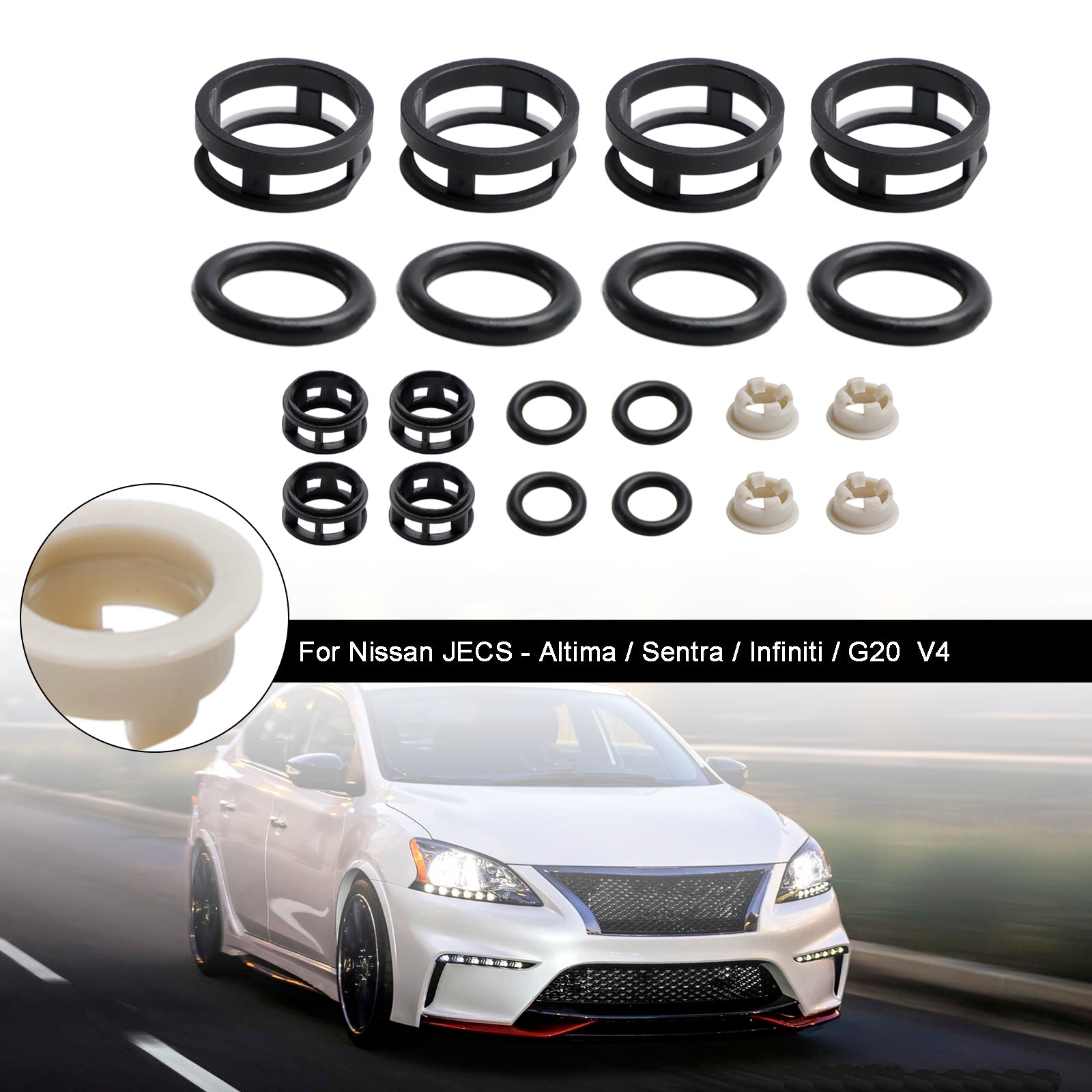 NISSAN JECS - Altima/Sentra/Infiniti/G20 V4 4st Sidmatningsbränsle Injektor Reparationssatsfilter Tätningar O -ringar Pintle Caps