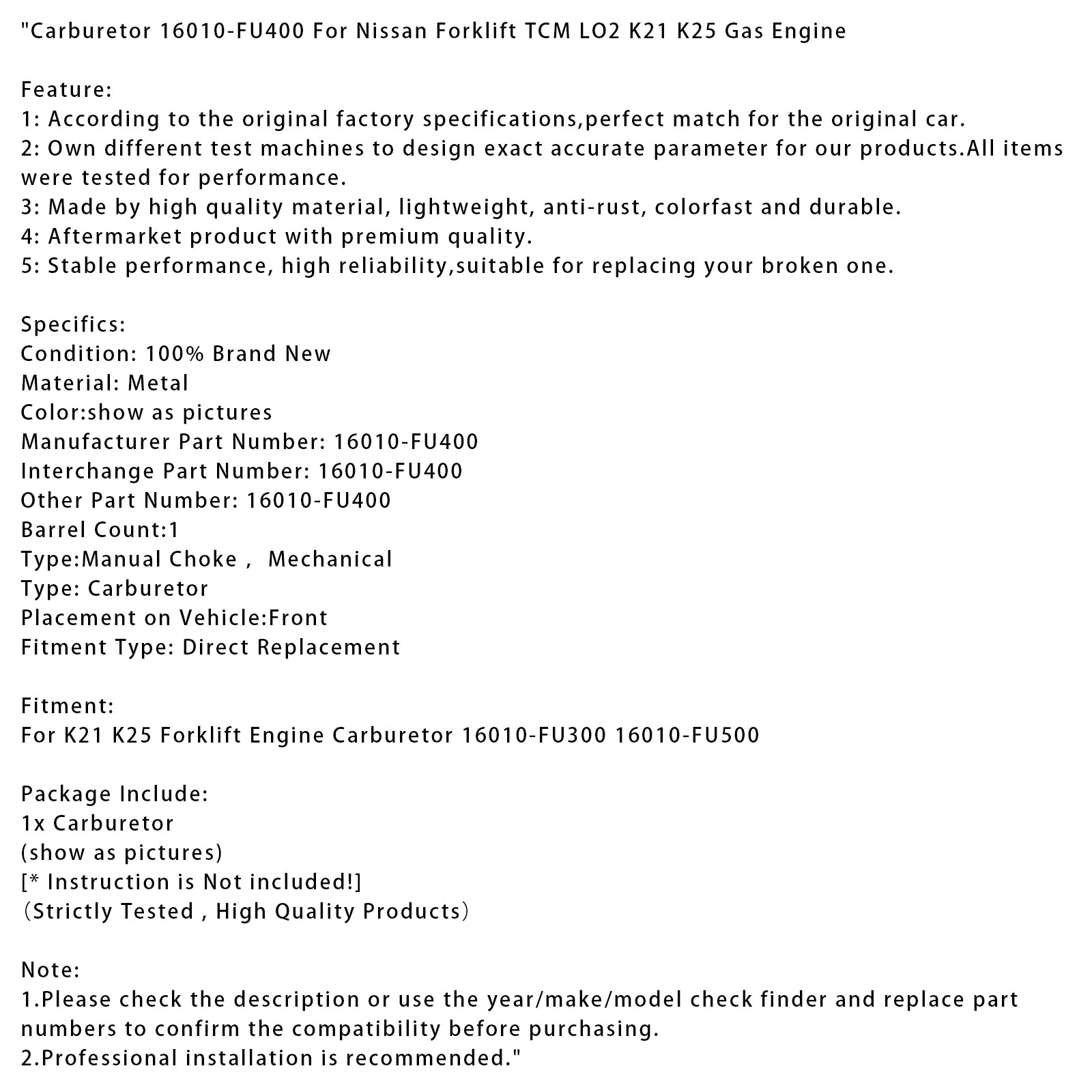 Carburateur 16010-FU400 Voor Nissan Heftruck TCM LO2 K21 K25 Gasmotor