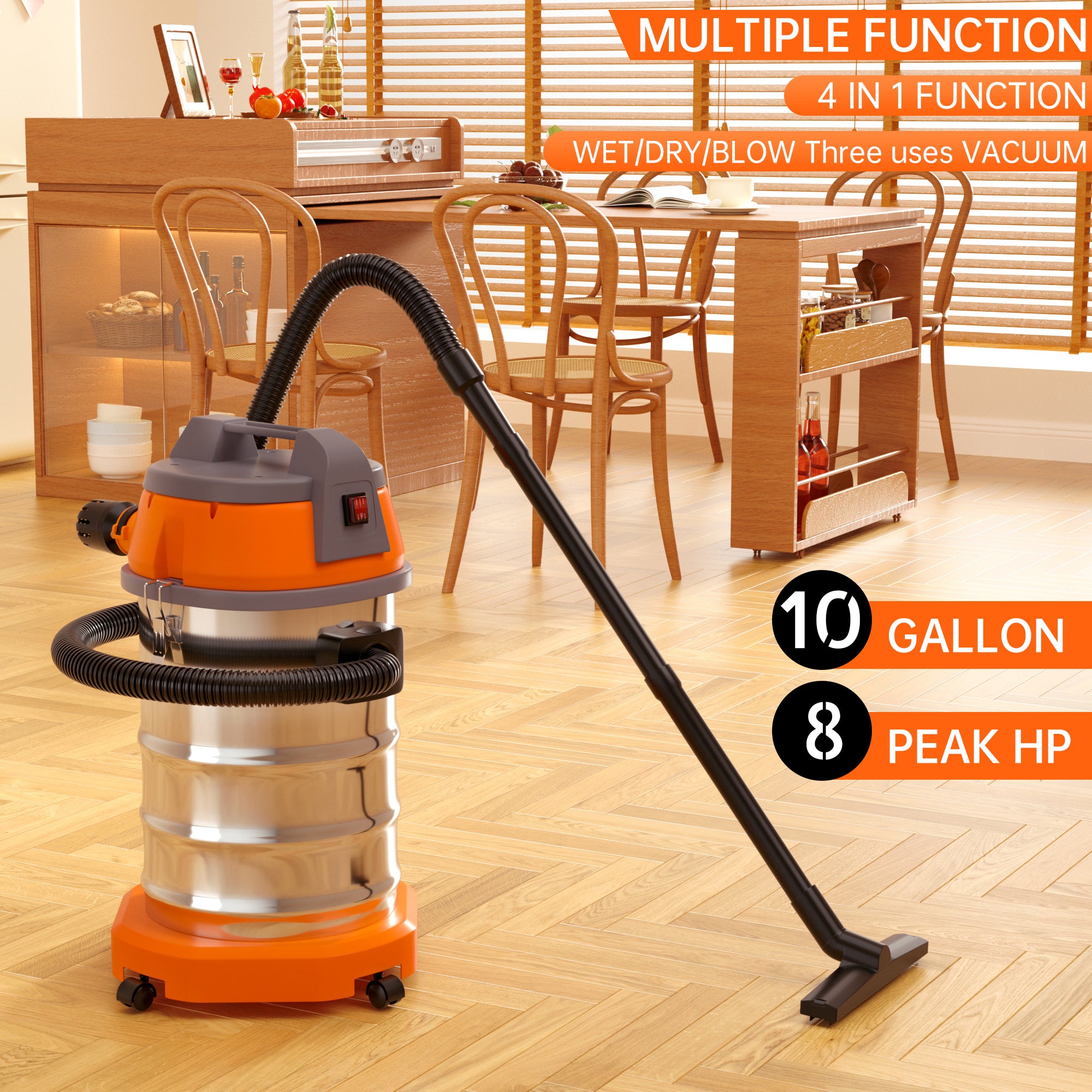 Wet Dry Blow Three Uses 10 Gallon 3200w 8 Peak Hp Stainless Steel Shop Vac Vacuum Cleaner Garage Portable Car Detailing For House Garage Workshop Car