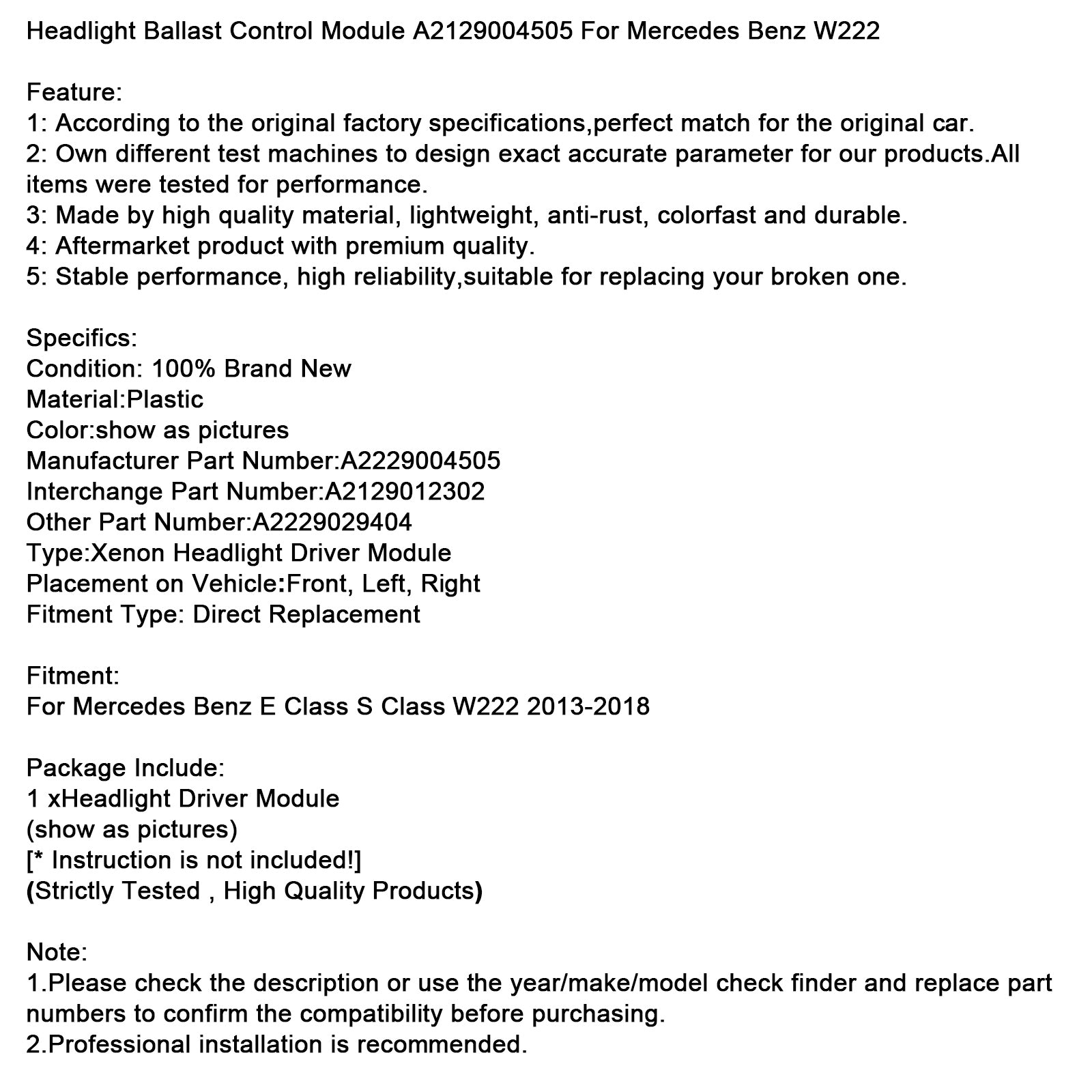 Headlight Ballast Control Module A2129004505 For Mercedes Benz W222