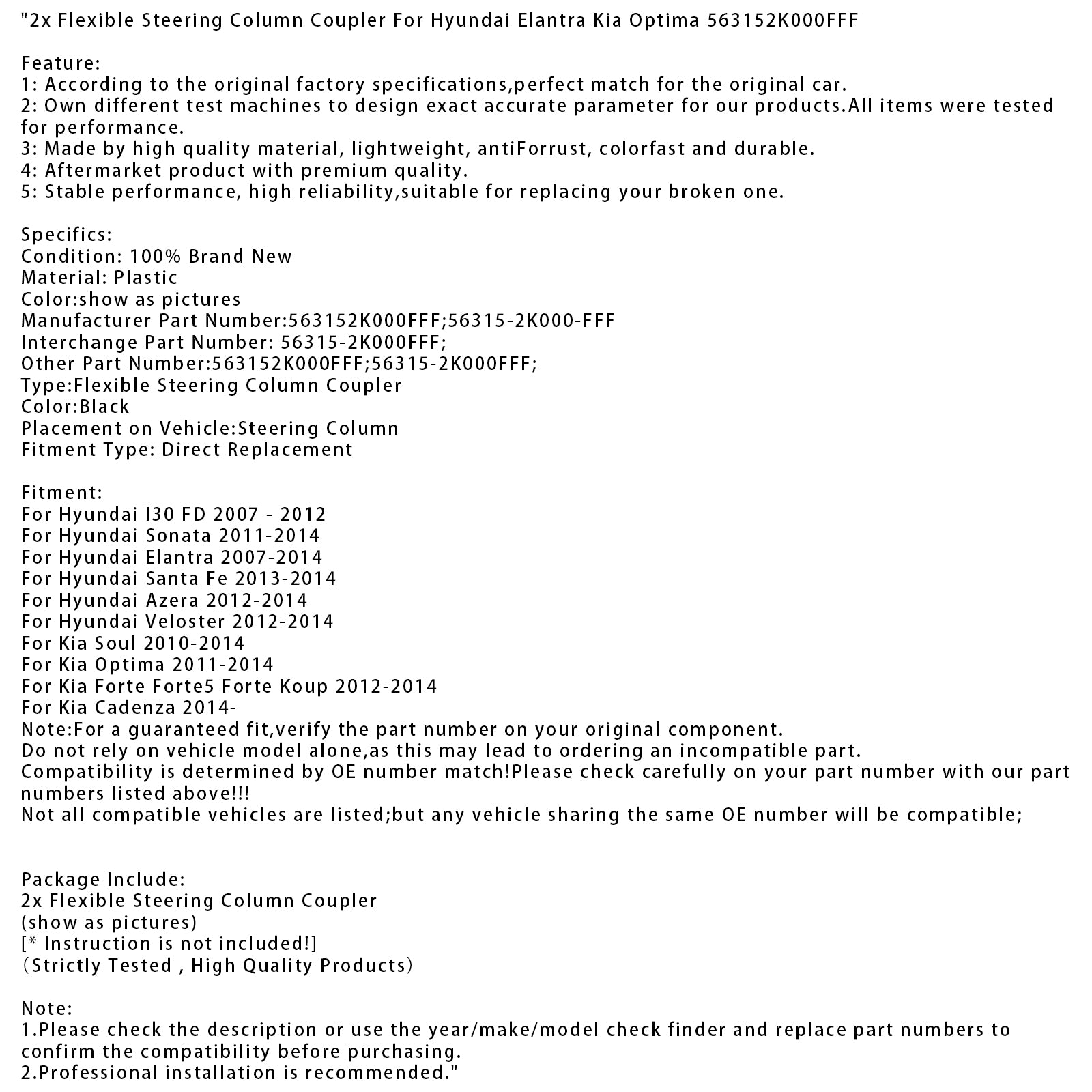 2x Flexible Steering Column Coupler For Hyundai Elantra Kia Optima 563152K000FFF